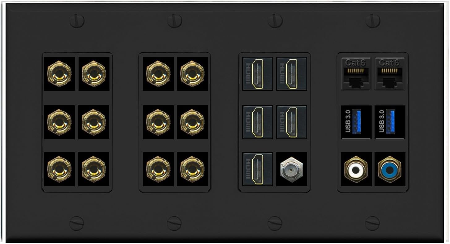 RiteAV 6.2 Surround Sound 6 Speaker 12 Banana Plug Jack Wall Plate w/ 2 RCA Subwoofer + 5 HDMI Coax + 2 x Cat6 2 x USB Jacks - 4 Gang [Black]