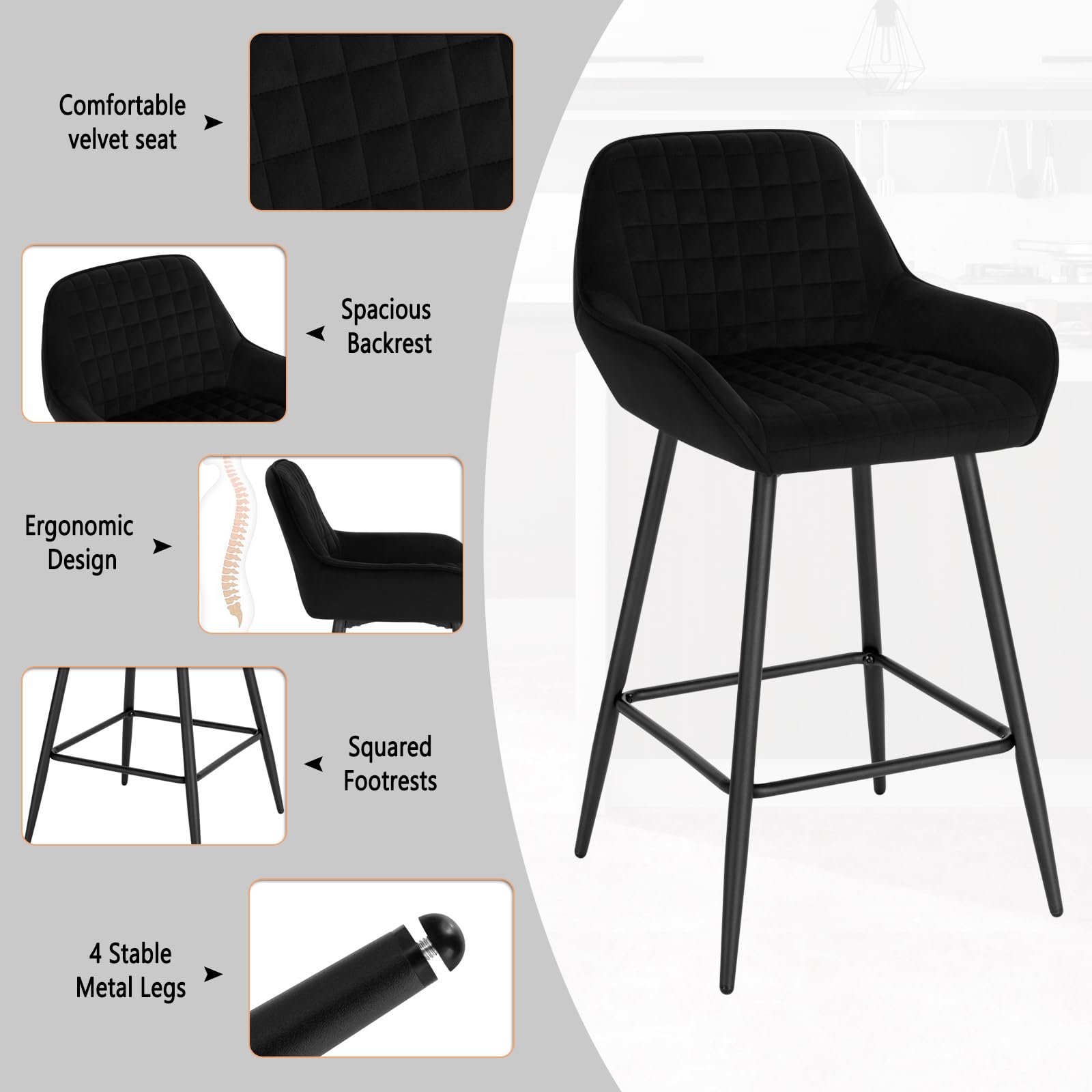 WOLTU Tabouret Bar Lot de 2, Chaise de Bar pour Îlot Central Cuisine, Salle à Manger, Bistro, Café, Grand Siège en Velours avec Dossier, Repose-Pied et Accoudoir, Pieds Réglables, Noir