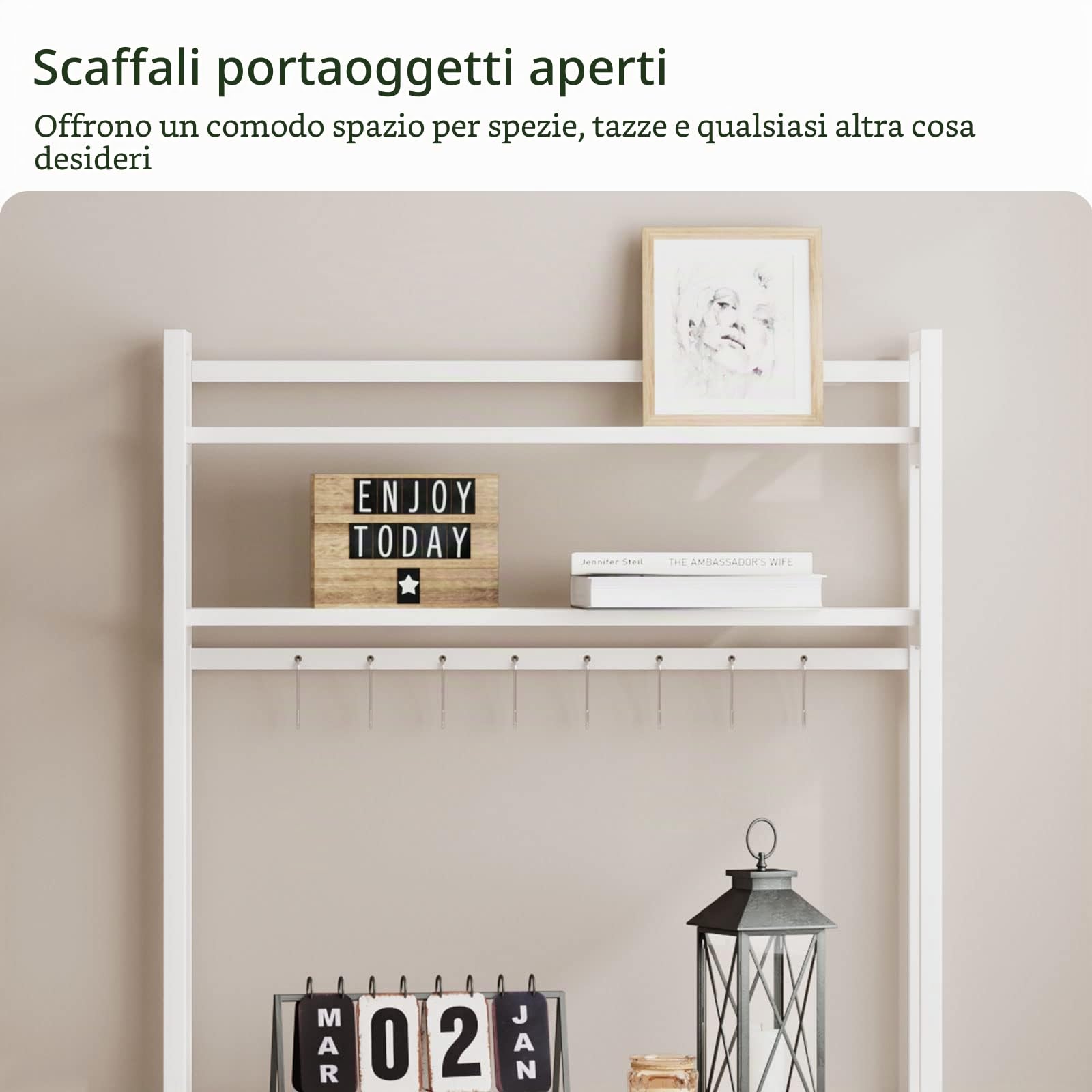 sogesfurniture Scaffale industriale a 5 ripiani per forno a microonde con ripiani bar da caffè per soggiorno, scaffale portaoggetti per ufficio a casa, 8 ganci, bianco