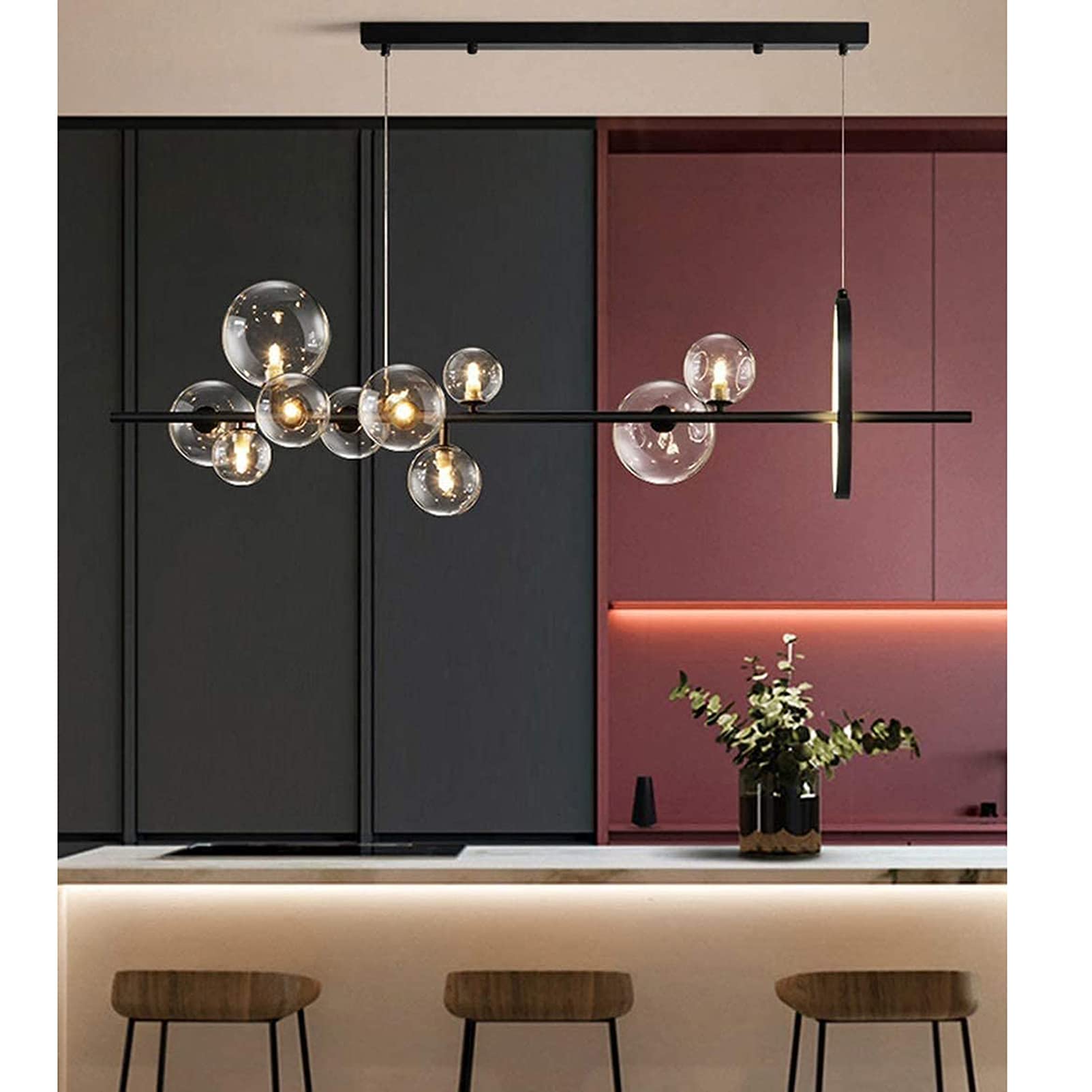 Lampada Moderno A LED,Tavolo da Pranzo con Sfera di Vetro Lampadario A Sospensione Moderna Lampadario A Sospensione Regolabile con Paralume A LED A Bolle Lampadina G9,Nero,120 * 30cm