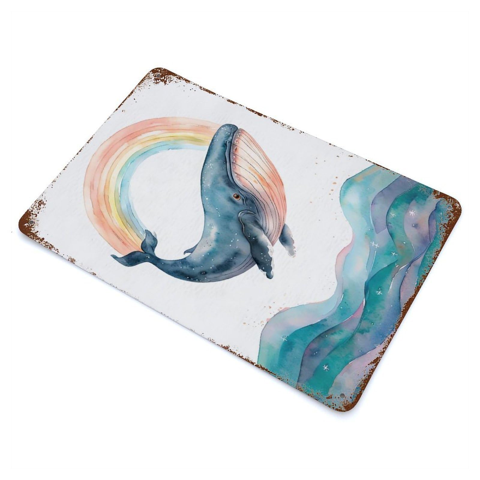 Watercolor Whale with Rainbow And Waves Rust Effect Tin Sign 11.8"x7.9", Ideal for Cafe, Home Bar And Lounge Decor