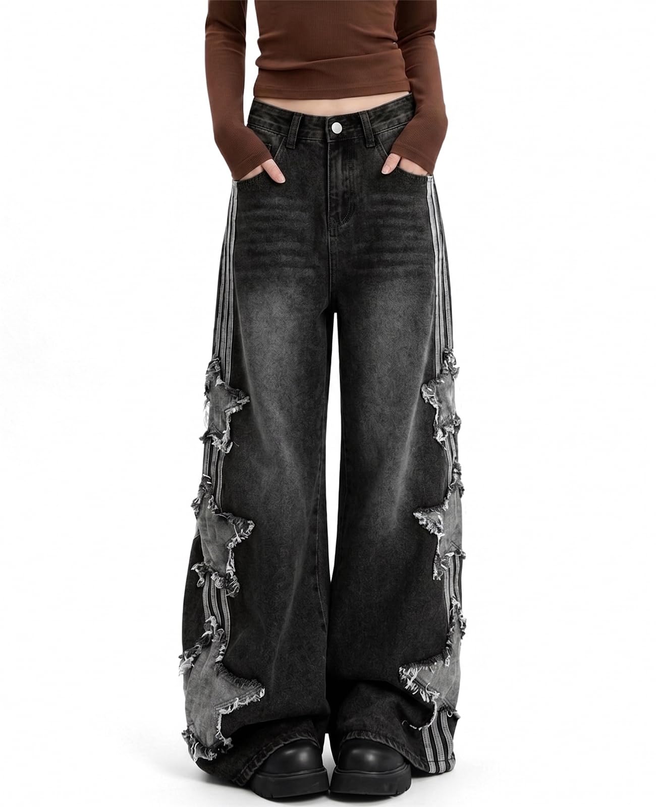 Lafaguw Women's Black Baggy Jeans For And Girls, Star Patchwork, High Waist, Sweet Jeans, Streetwear, Loose Pants, Grunge Emo Clothing, M