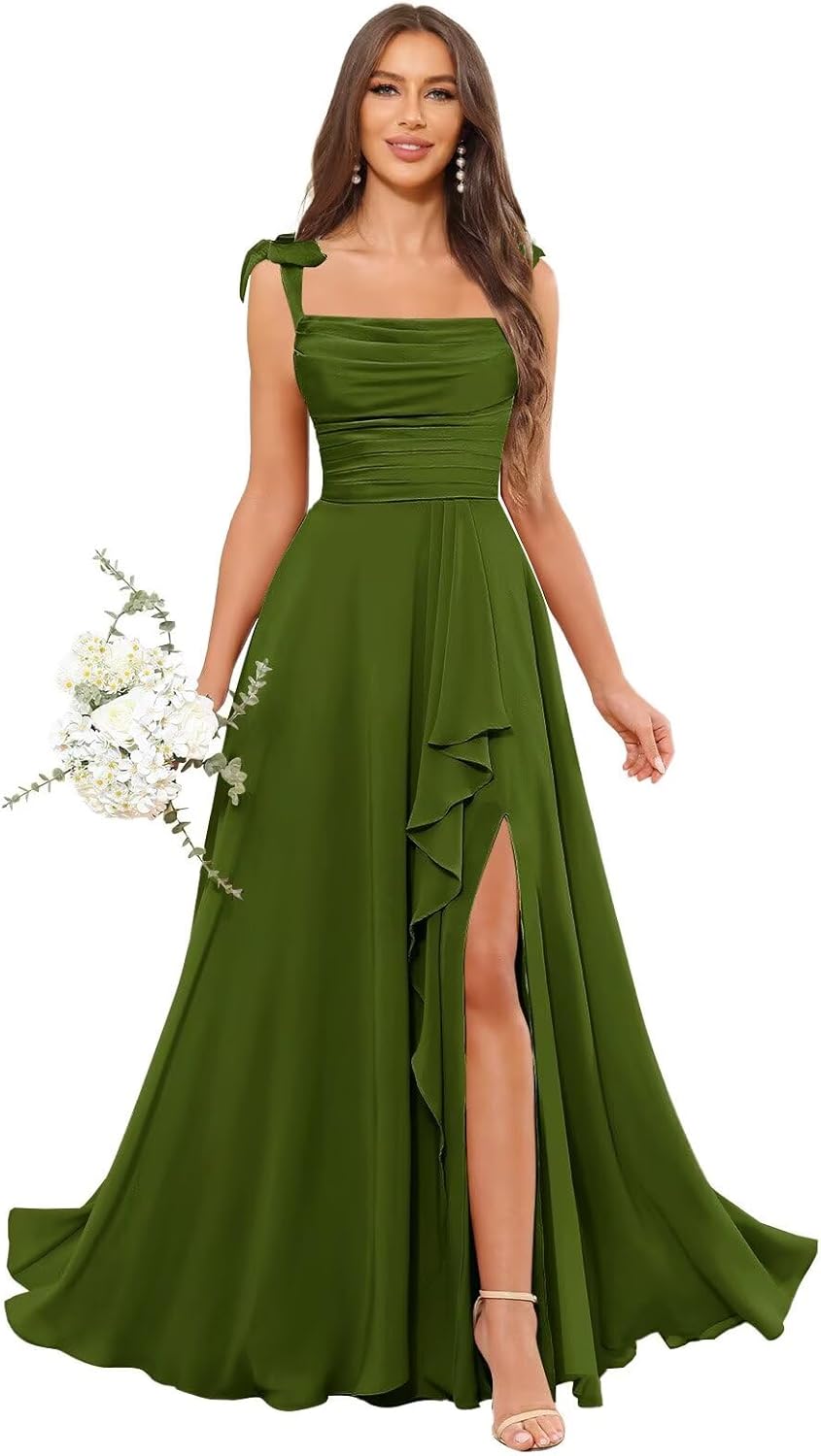 POMUYOO Spaghetti Straps Chiffon Bridesmaid Dresses for Women Long Pleated Formal Evening Prom Party Gown