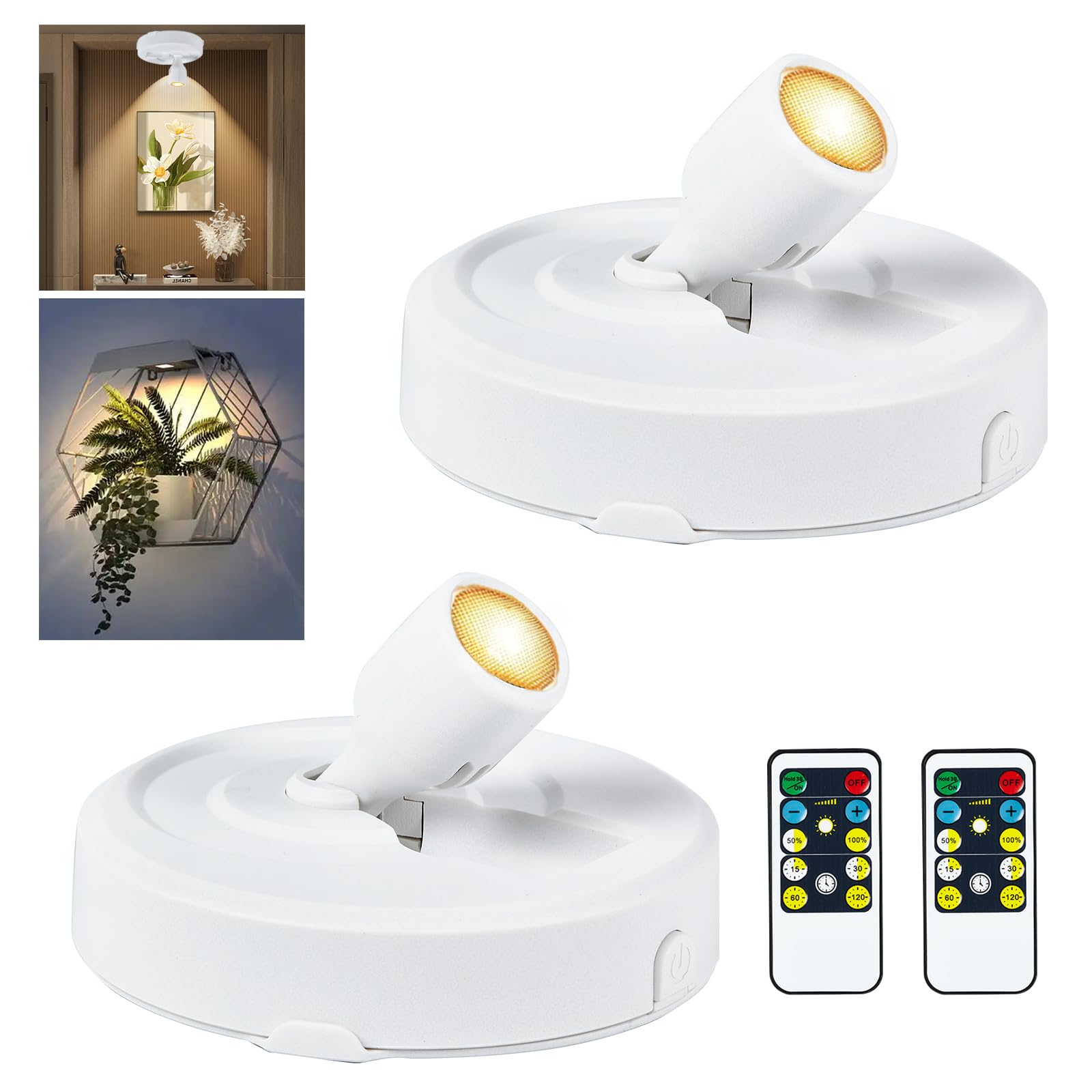 RAHAN 2Pack Battery Operated LED Spotlight, Picture Spot Lights, Indoor Uplights with Remote Dimmable & Timer, Plants Spotlight, Wall Display Lights for Dartboard Paintings Portrait Artwork