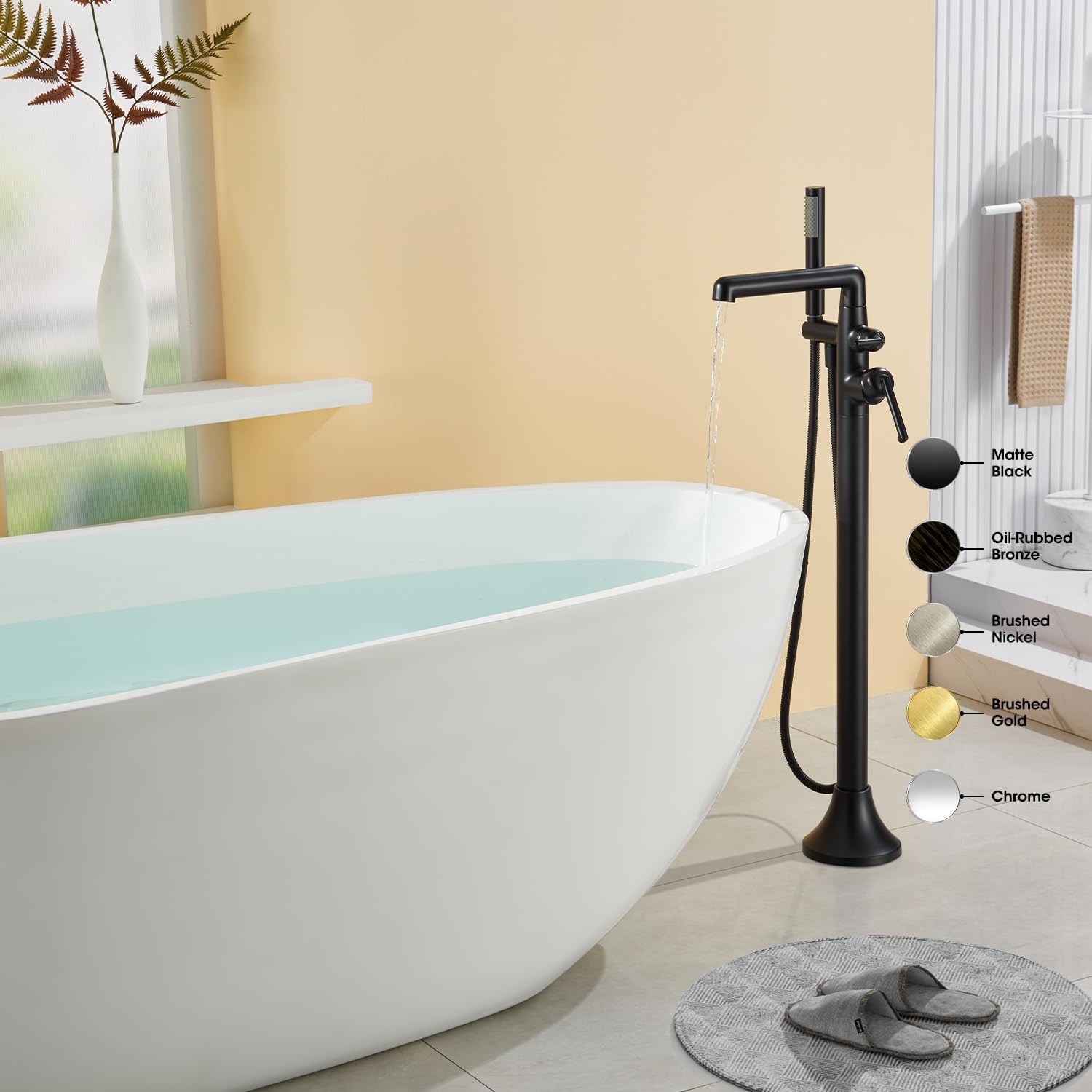 Free Standing Tub Faucet, High Flow 6.5 GPM@61PSI Floor Mount Tub Filler with Sprayer, Brass Modern Swivel Spout Freestanding Bathtub Faucet, Matte Black