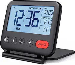 NOKLEAD Despertador digital de viagem para quarto e escritório: relógio de mesa LCD pequeno com luz de fundo, data, temperatura, soneca 12/24h, modo de fim de semana e espelho, relógio de cabeceira
