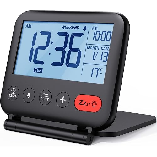 NOKLEAD Digital Travel Alarm Clock for Bedroom Office: Small LCD Desk Clock with Backlight Date Temperature Snooze 12/24H Weekend Mode and Mirror, Battery Powered Folding Bedside Clock for Adult Kids