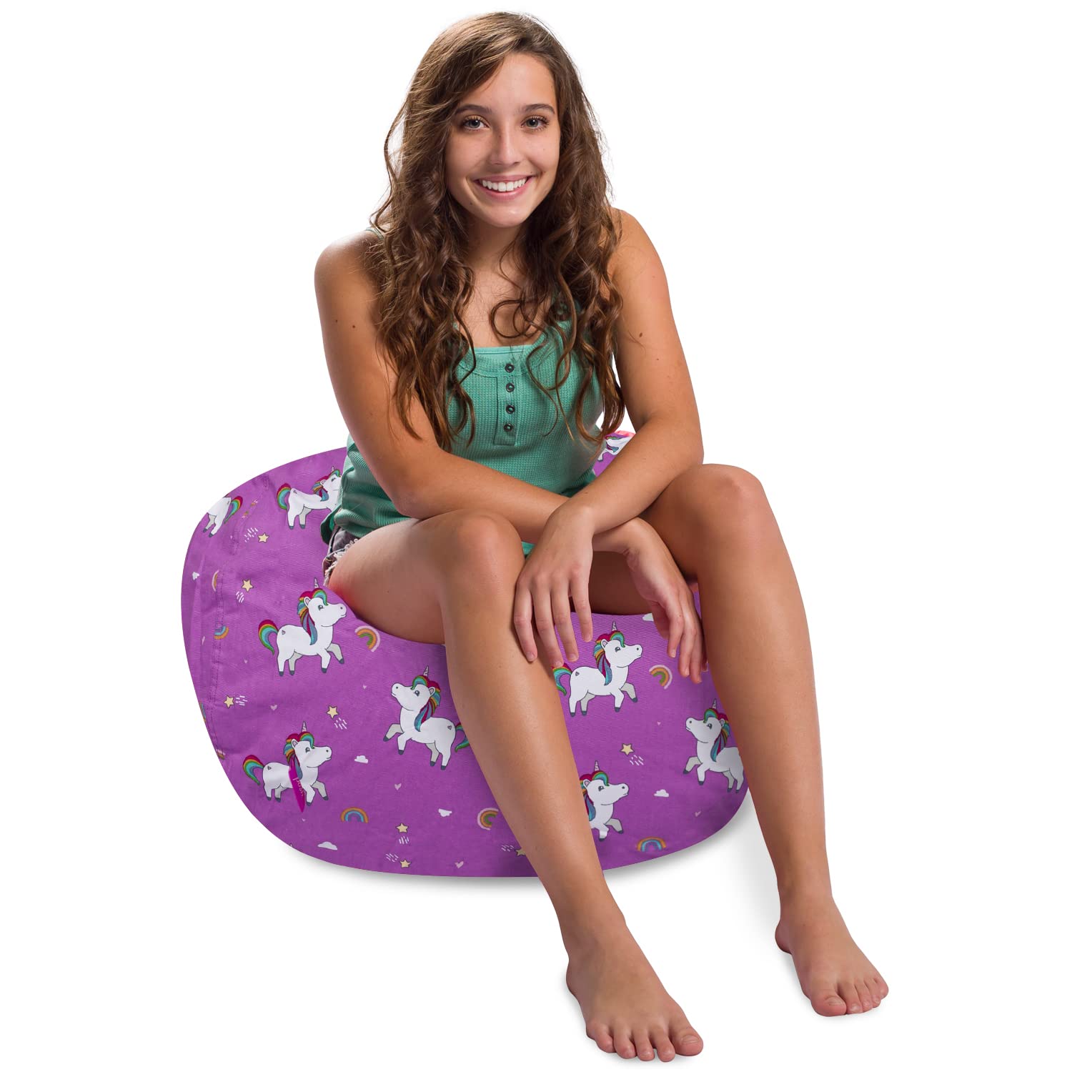 Posh CreationsStructured Comfy Bean Bag Chair for Gaming, Reading, and Watching TV, 100in Round Classic Bean Bag, Canvas - Unicorn and Rainbows on Purple