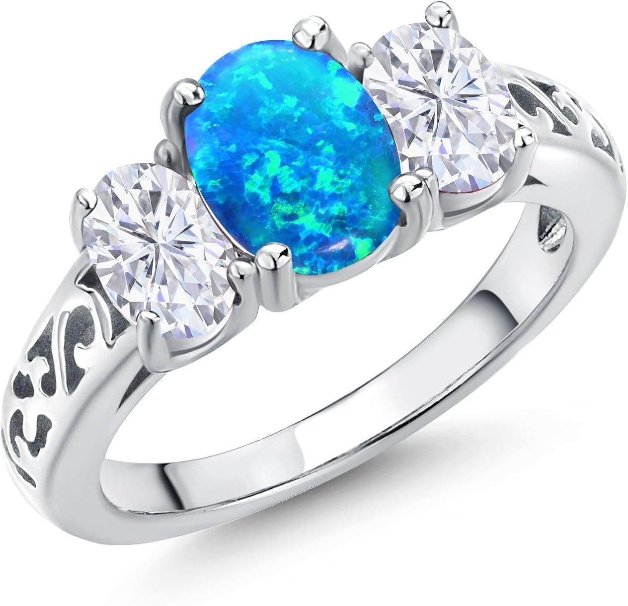 Gem Stone King 925 Sterling Silver Blue Opal and White Moissanite Filigree Style 3 Stone Ring for Women (2.06 Cttw, Oval 8X6MM and 6X4MM)