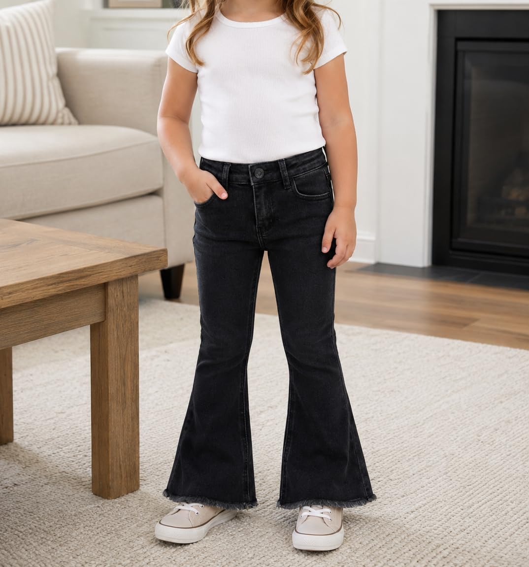 KIDSCOOL SPACE Jeans évasés pour bébé Fille, 18M-5T Pantalon en Denim Extensible à Ourlet Brut, Noir