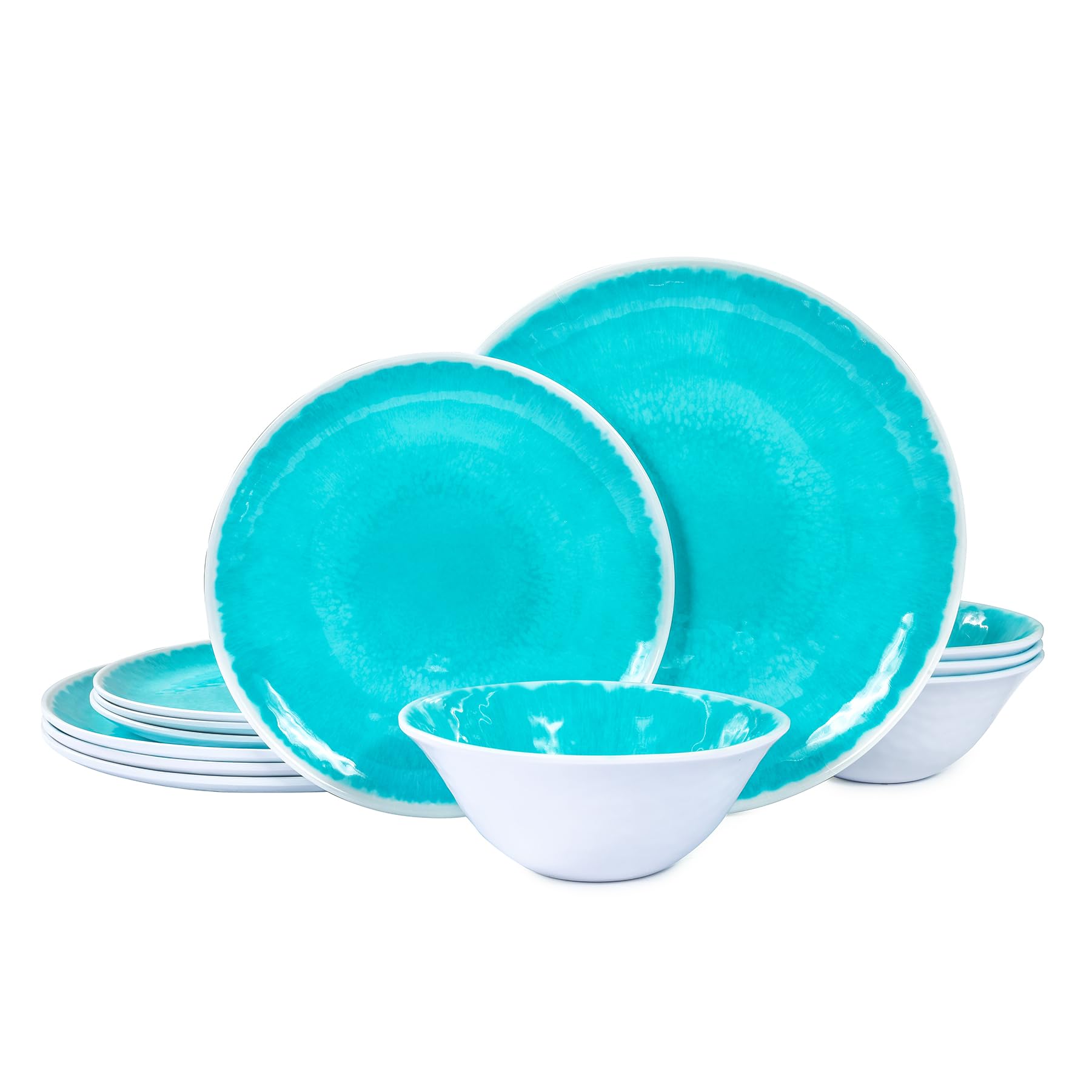Melamine Dinnerware Sets 12 Pcs, Melamine Plates and Bowls,Party Plates and Bowls Sets, Camping Dishes Set for 4, Unbreakable, BPA Free, Dishwasher