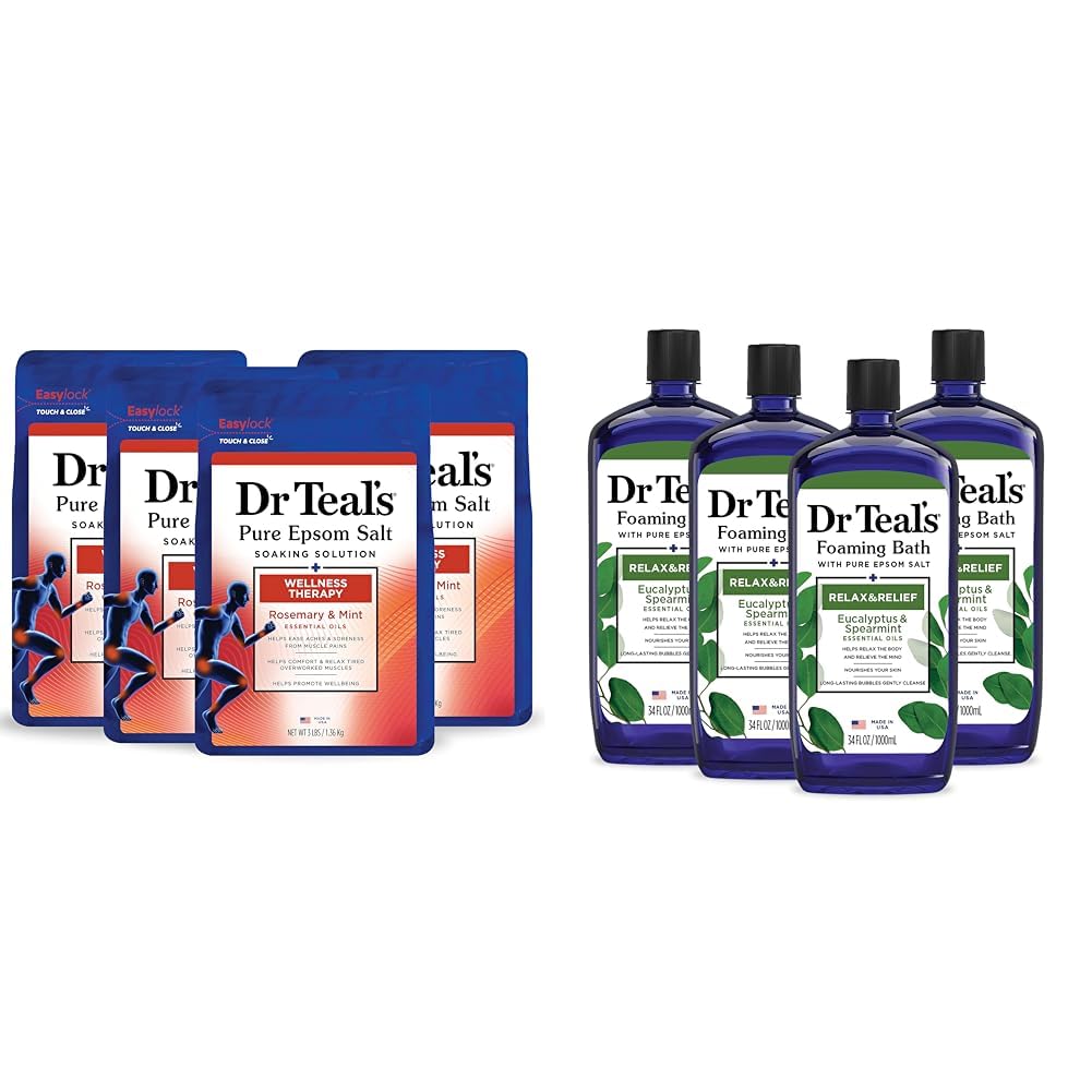 Dr Teal's Pure Epsom Salt Soak, Wellness Therapy with Rosemary & Mint & Foaming Bath with Pure Epsom Salt, Relax & Relief with Eucalyptus & Spearmint, 34 fl oz (Pack of 4) (Packaging May Vary)