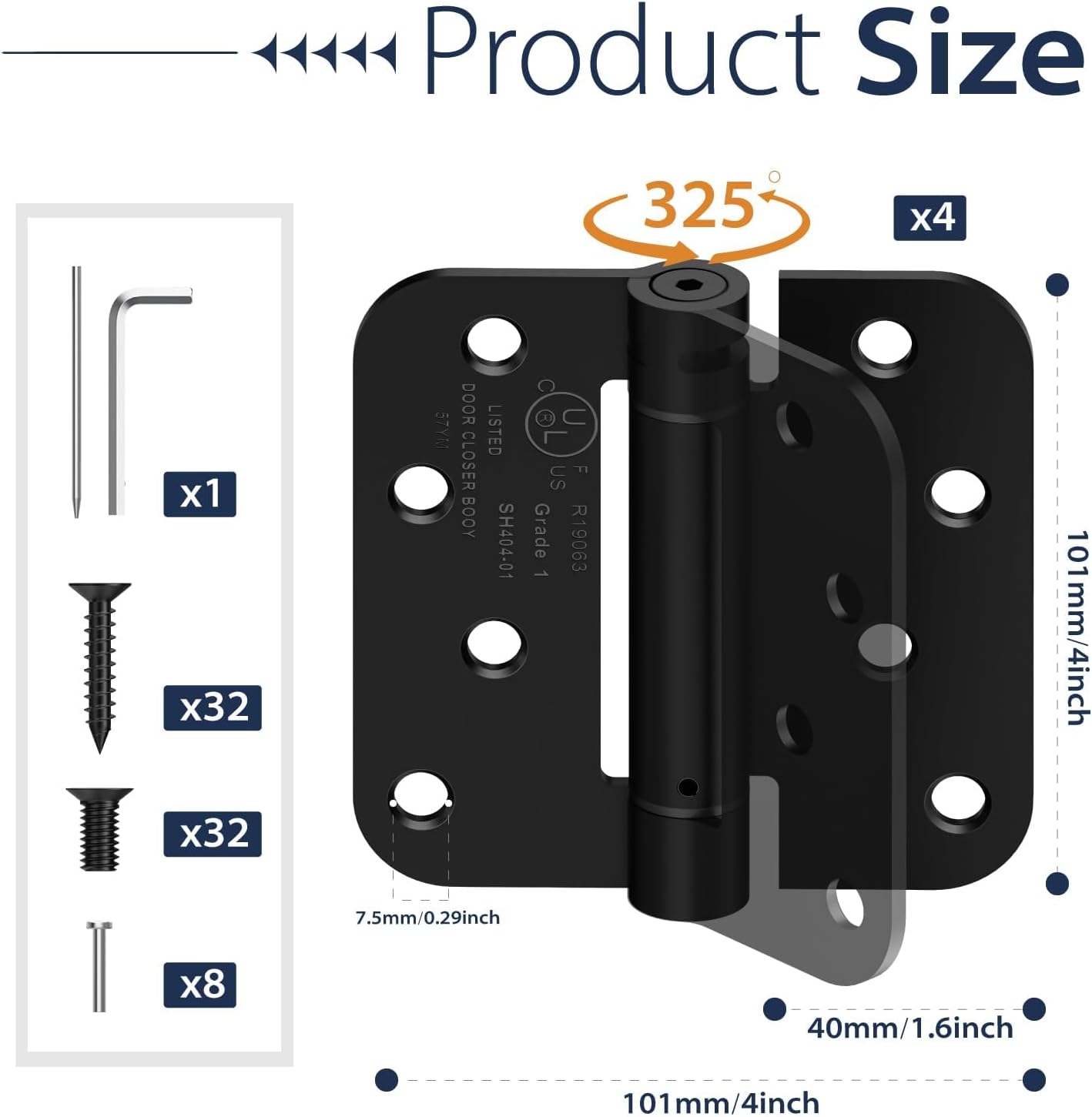 4-Pack Self Closing Door Hinges, 4 Inch Spring Loaded Door Hinges, Adjustable Tension for Exterior,Garage, Front Back Door,Left Right Hand Door, 5/8'' Radius Corners,UL Listed,Black