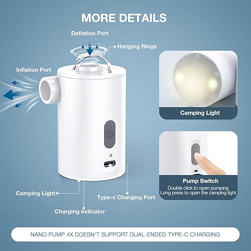 Miniatura 6 de Portable Air Pump for Inflatables, Ultra-Mini Air Mattress Pump 4X with 1600mAh Battery & Camping Light, USB Rechargeable Air Pump for Swimming