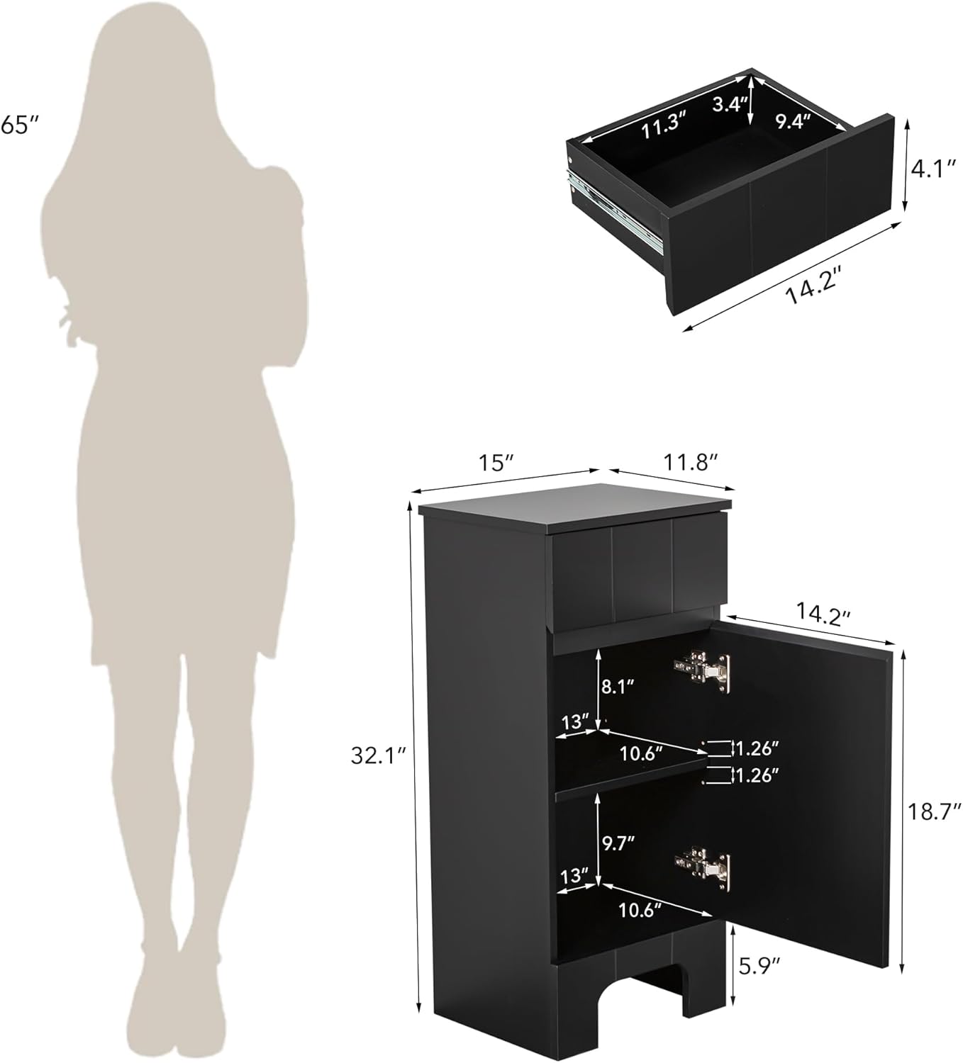 VANIRROR Small Bathroom Cabinet with Adjustable Shelves, Drawer, Anti-Tip Design, 14.96" L x 11.81" W x 32.09" H, Durable MDF for Bathroom, Kitchen, Laundry Storage, Soft-Close Door