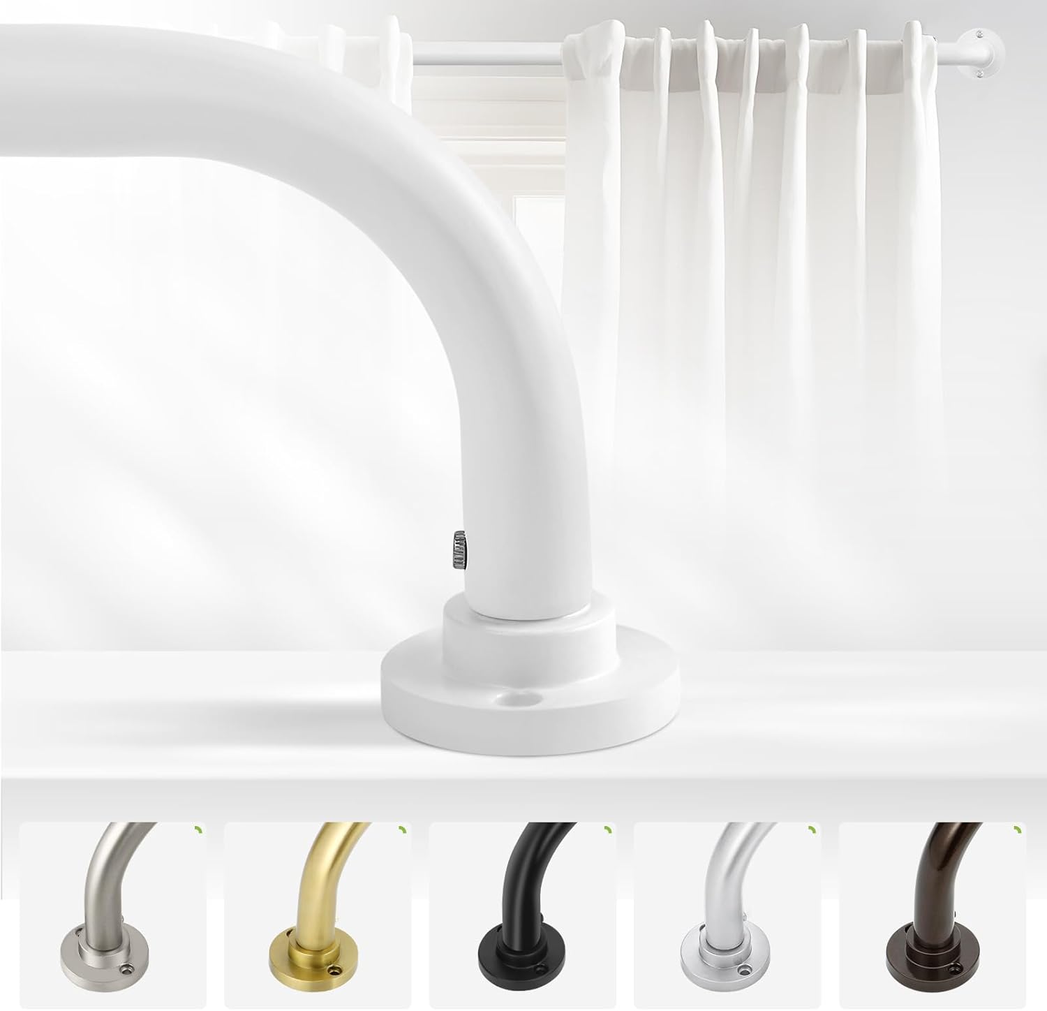 White Wrap Around Curtain Rods 48 to 90 Inch:Blackout Heavy duty Adjustable Window Curtain Rod for Bedroom,Industrial Darkening Curved French Metal Single Drapery Rods Easy Install,Pure White 48-90" White