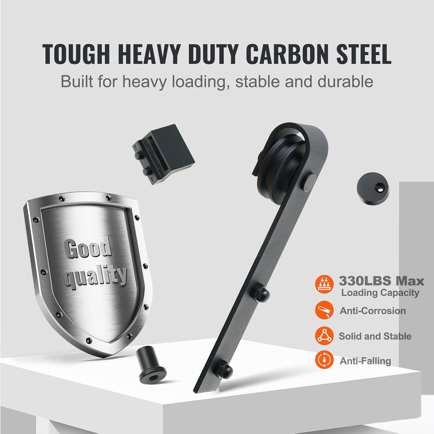 VEVOR barn door hardware components showing carbon steel construction