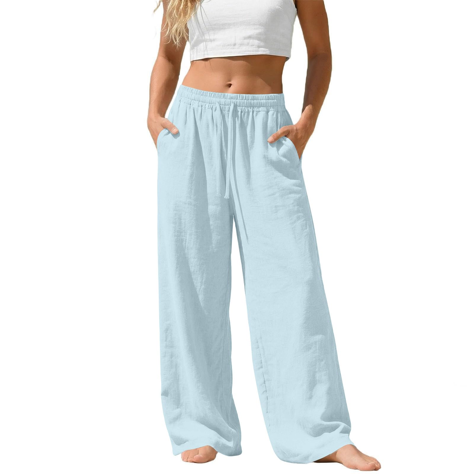 Linen Pants Women Summer Baggy Wide Leg Flowy Pants Drawstring High Waistes Slacks Loose Comfy Beach Travel Trousers — view 10