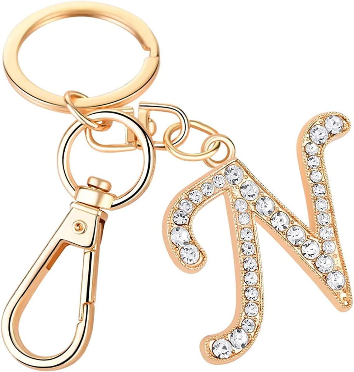 Rohans Womens Gold Plated Alloy Car Key Ring with Crystal Rhinestone Alphabet Initial Letter Keychain (N)