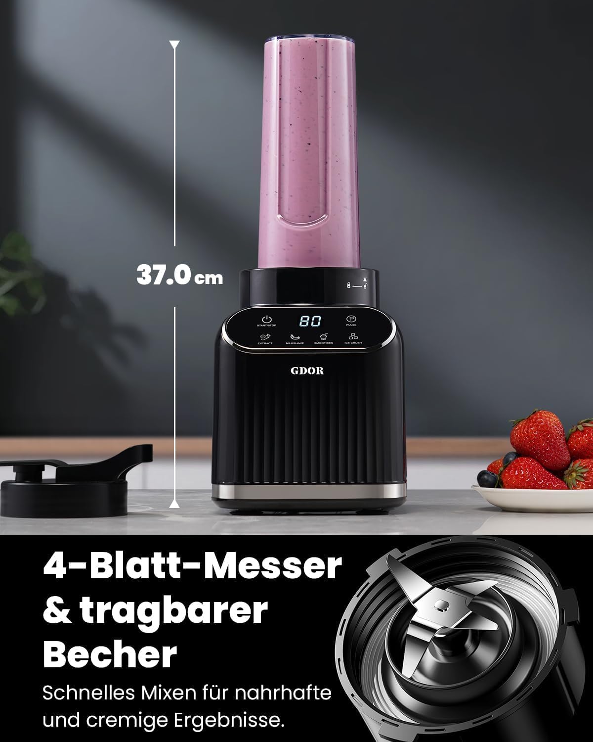 GDOR Professional Standmixer Glas 1200W Smoothie Maker 5 Programme Blender 1,5L Glasbehälter&700ml To-Go Becher Kombi Hochleistungsmixer für Smoothies Shake Eiscrushen Gefrorenes Obst Selbstreinigend