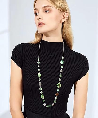 Miniatura 4 de FULU AUTUMN Collares largos de cuentas para mujer, collar de cadena de eslabones plateados con cuentas de cristal de concha, regalos de fiesta para