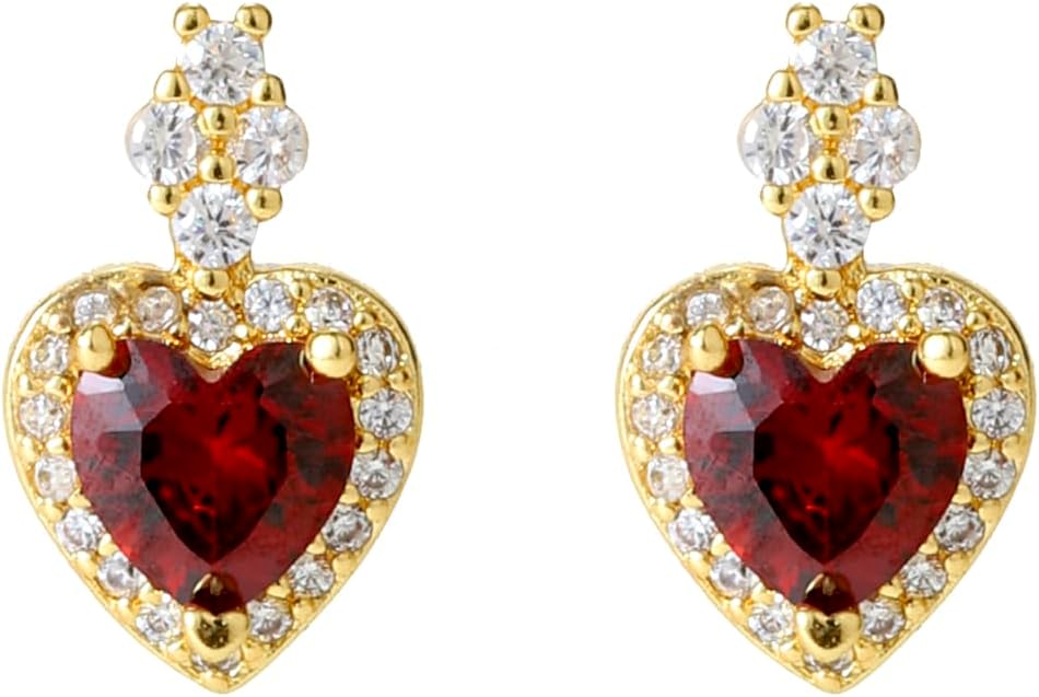 Birthstone Stud Earrings for Women Dainty 14k Gold Plated Gold Heart Earrings Cubic Zirconia Earrings Simulated Gemstone Rings Valentines Birthday Gifts for Her Wife Mom Grandma