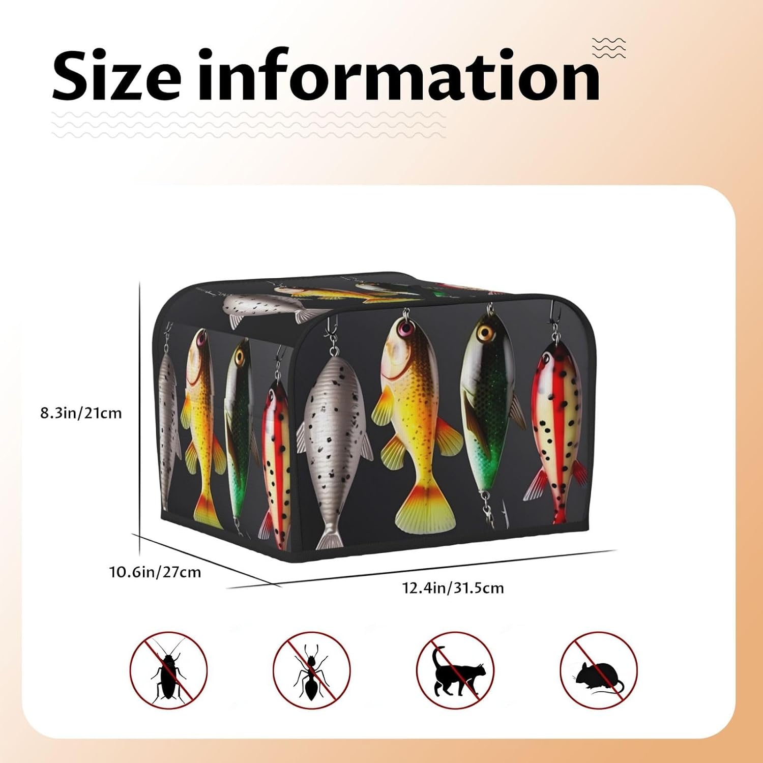 Various Type of Fishing Baits Toaster Cover 4 slice Kitchen Small Appliance Covers with Pockets Toaster Dust Cover with Top Handle Oven Cover Washable Universal Bread Maker Cover for Kitchen