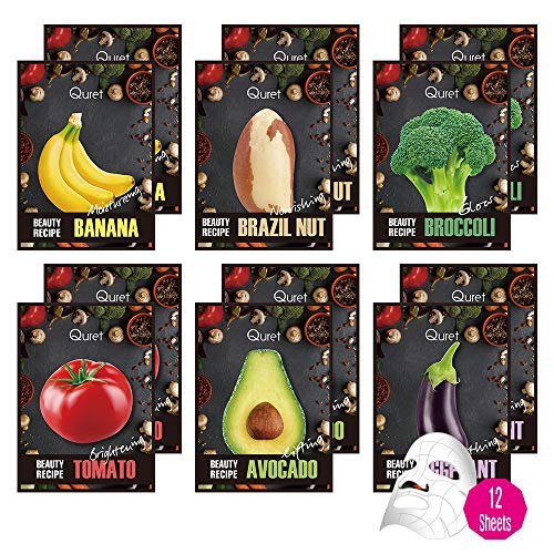 QURET Beauty Recipe Korean Facial Face Mask Sheet Series (12 Sheet Set), Superfood Skincare for Moisturizing and Nourishing, Vegan and Clean Beauty, Tencel Sheet