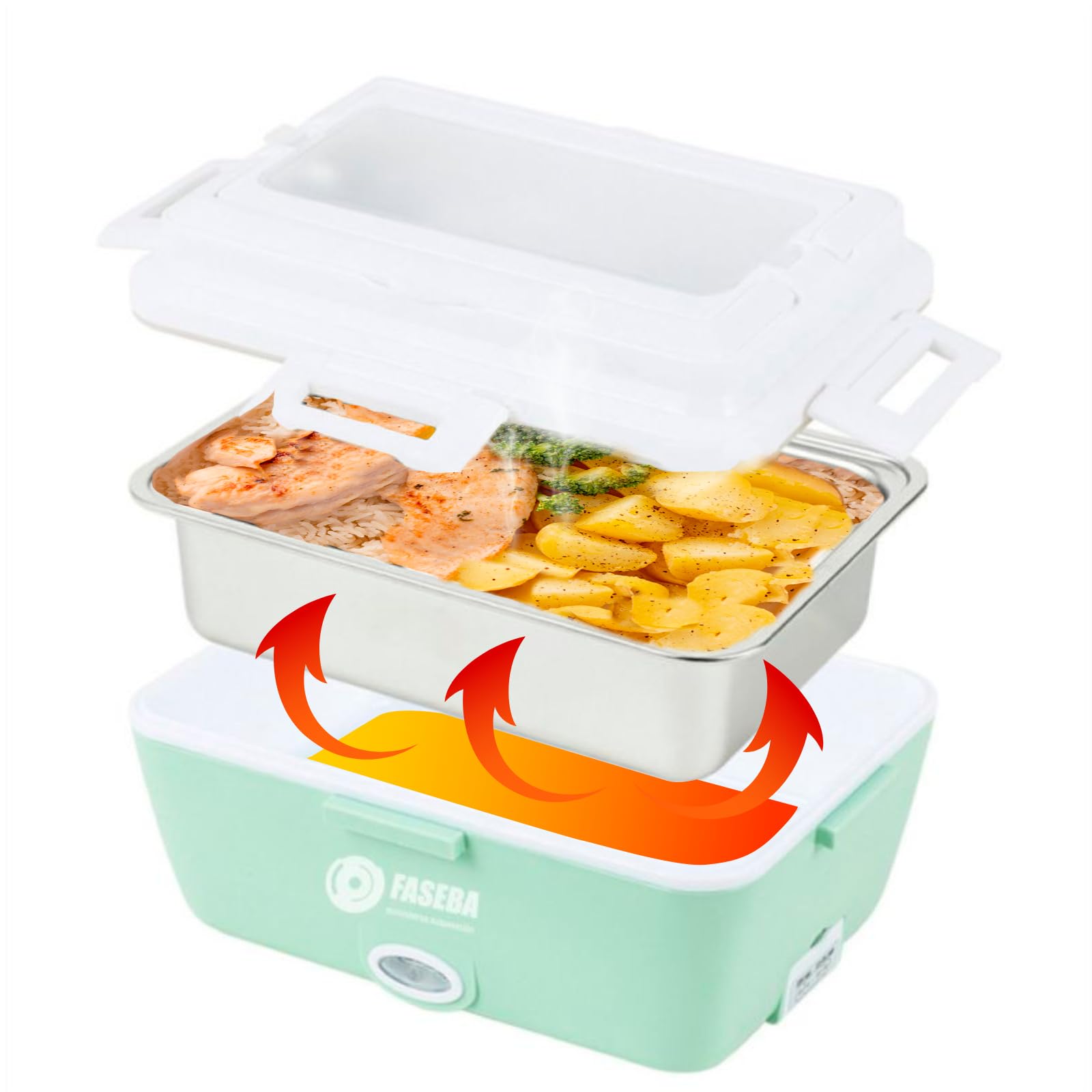 FASEBA Fiambrera Electrica para camión o coche Portátil 40W con capacidad de 1,8 L - 12/24 V, recipiente hermetico bandeja y cubiertos de acero inoxidable, cable de 80 cm. (Verde)