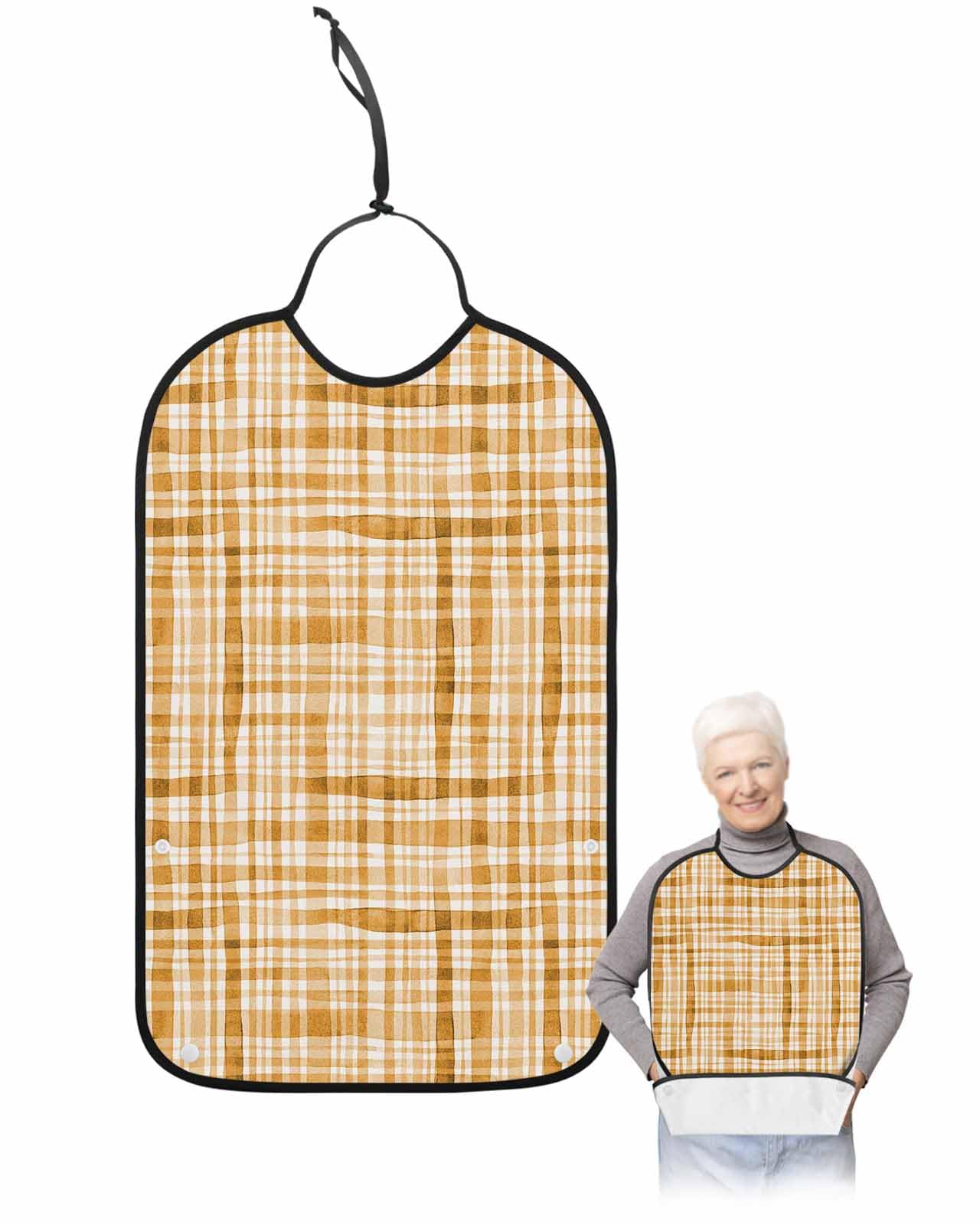 LEOKOTI Orange Brown Checkered Adult Bibs for Eating, Waterproof Bibs with Food Catcher & Adjustable Snap Closure, Watercolor Buffalo Plaid Washable Clothing Protectors Adult Bibs for Elderly