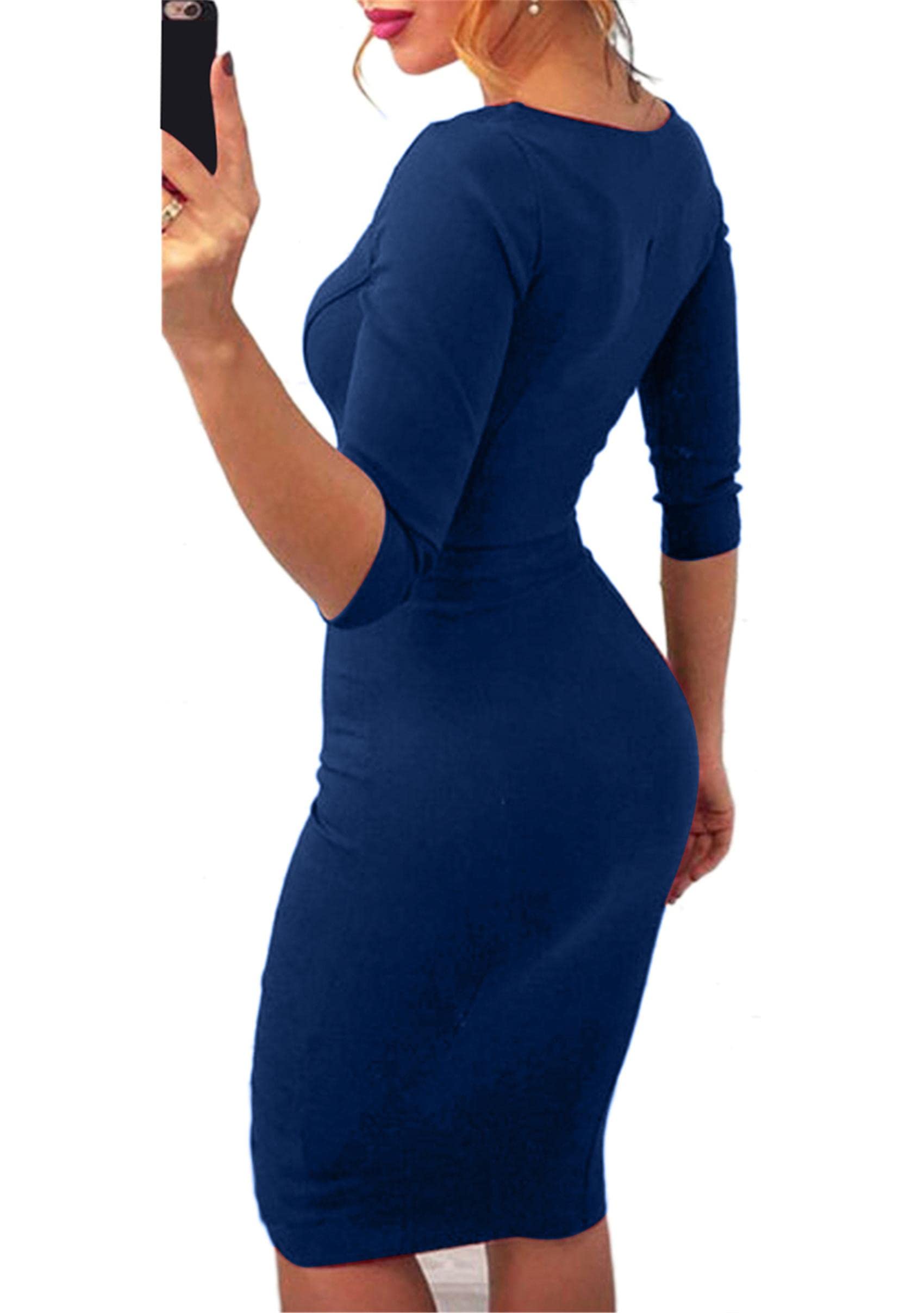 YMING Womens Zipper Front Bodycon Dress 3/4 Sleeve Midi Dresses Sexy Solid Color Club Dress: XX-Large Blue