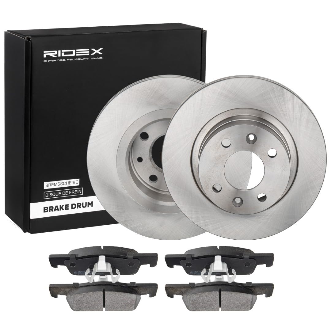 RIDEX 3405B1105 Juego para eje Kit de discos de freno y pastillas Delantero con clip de émbolo Compatible con DACIA LOGAN MCV II