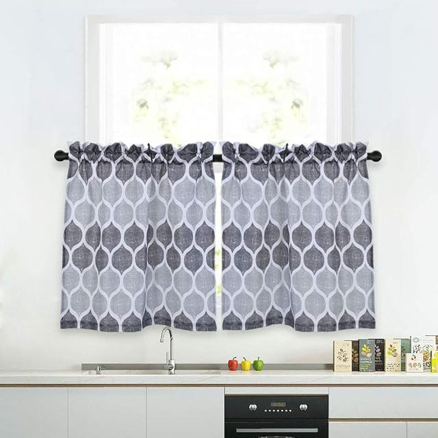 LinTimes Grey Moroccan Tier Curtains for Kitchen, Lattice Pattern Short Bathroom Window Curtain, Trellis Design Half Window Kitchen Cafe Curtains, 28" x 36", Gray/Silver, Set of 2