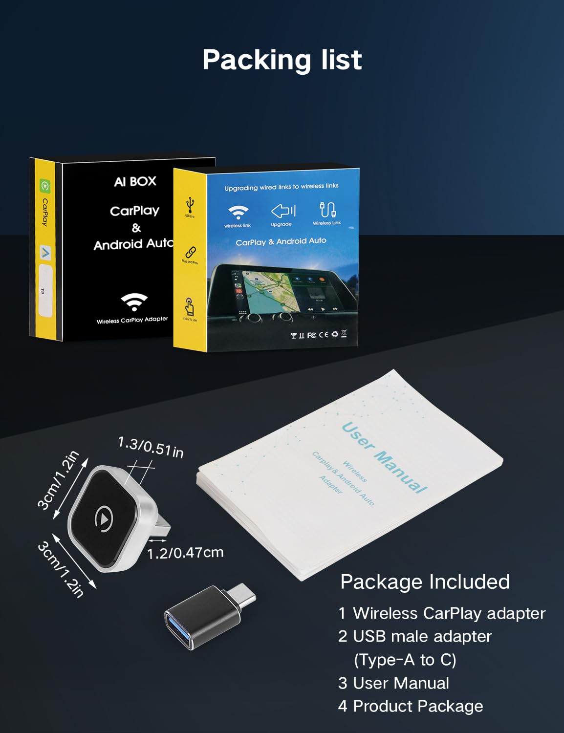 Adaptateur CarPlay sans fil pour iPhone CarPlay/Android Auto, mise à niveau rapide vers le sans fil, Plug & Play, Bluetooth 5.2 et WiFi 5GHz 4, sans latence, Mini & Stable, connexion