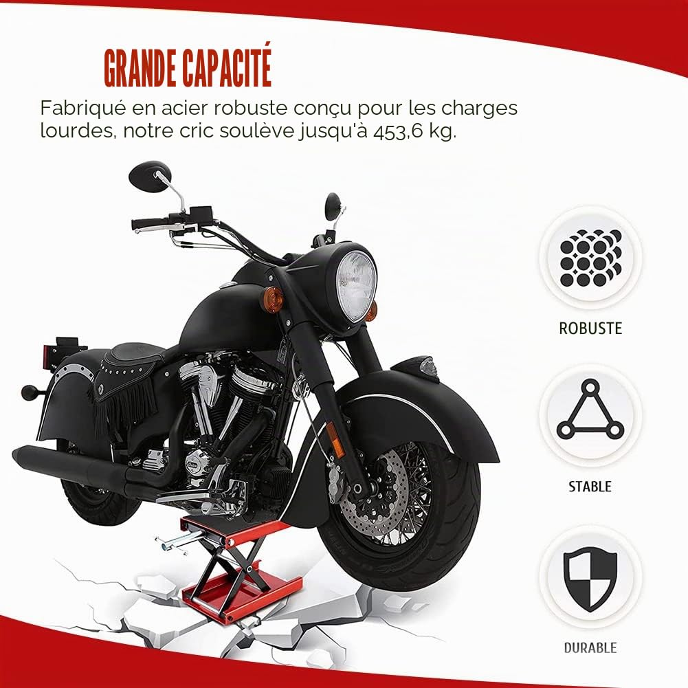 Cric de Moto 1100 lbs/500 kg Hauteur 19-34 cm Pont Élévateur Ciseaux Moto en Acier Plate-Forme Élévatrice Moto Dimension Plat-Forme 36x23 cm Lève Moto Sécurisée Table Élévatrice Moto Entretien, Rouge