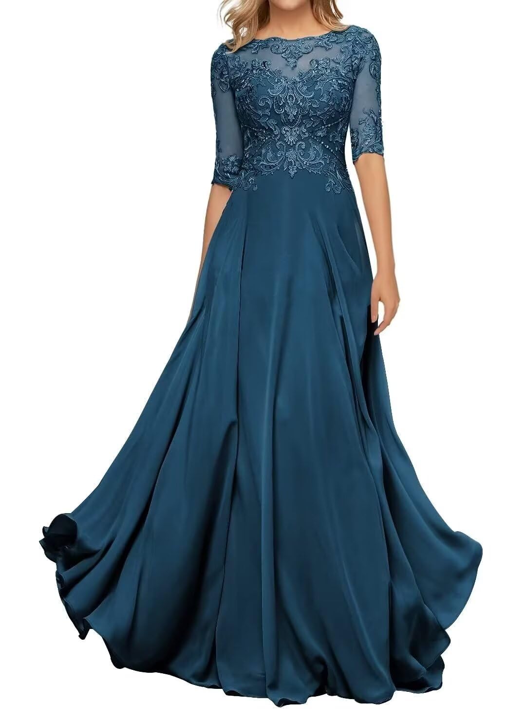 Sincemeet Abito da Madre della Sposa in Chiffon di Pizzo da Donna Abito da Sera Formale con Maniche a 3/4 Un Abito da Ballo di Linea