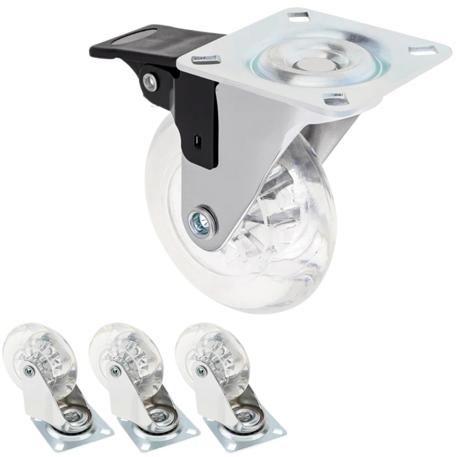 Caster Wheels, 4Pcs 2/3 Inch Caster Pu Transparent Universal Crystal Wheel No Noise Small Cart Industrial Wheel Office Chair Casters Tool(2inch with Brakes)