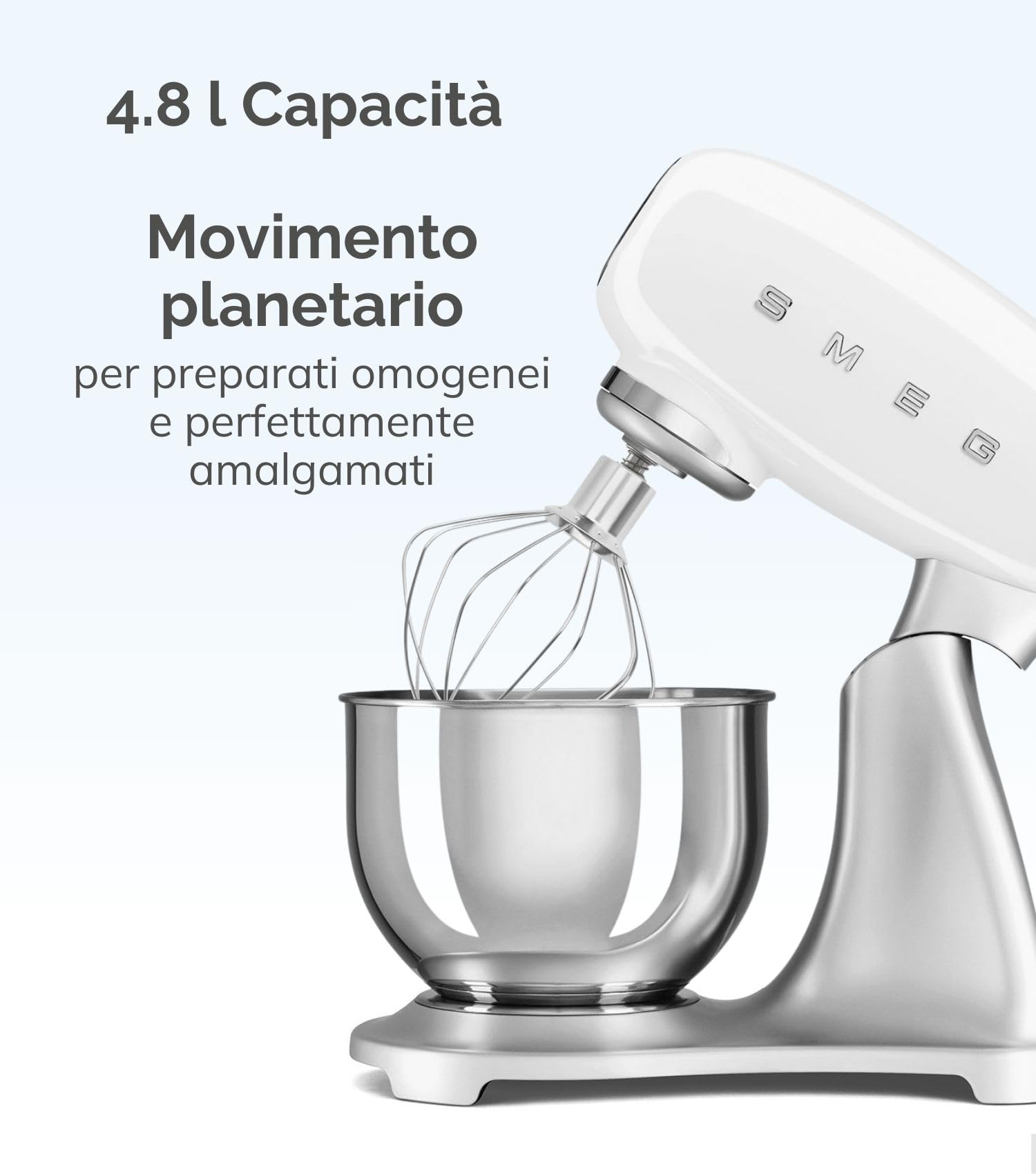 Smeg, Impastatrice Planetaria SMF04CREU, 10 Livelli di Velocità, Funzione Smooth Start e Steady Mix, Ciotola da 4,8 L, Sicurezza Blocco Motore, Inclusi 2 Fruste e Gancio Impastatore, 800 W, Panna