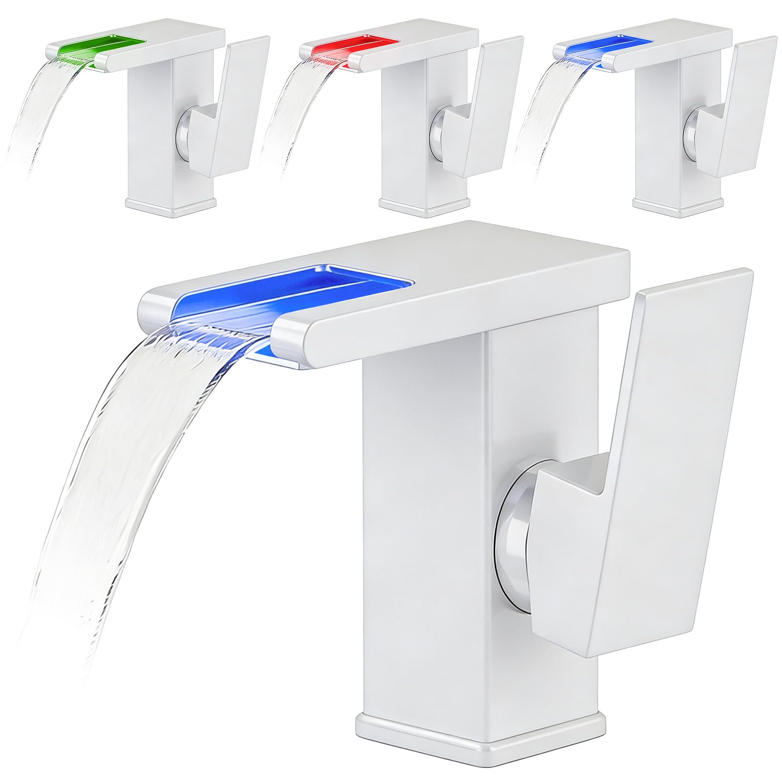 Rubinetto per Bagno con Luci LED, Cascata 3 Colori, Miscelatore Monocomando Acqua Calda e Fredda, Cromato, Moderno, Grigio, Tubi da 60 cm Inclusi