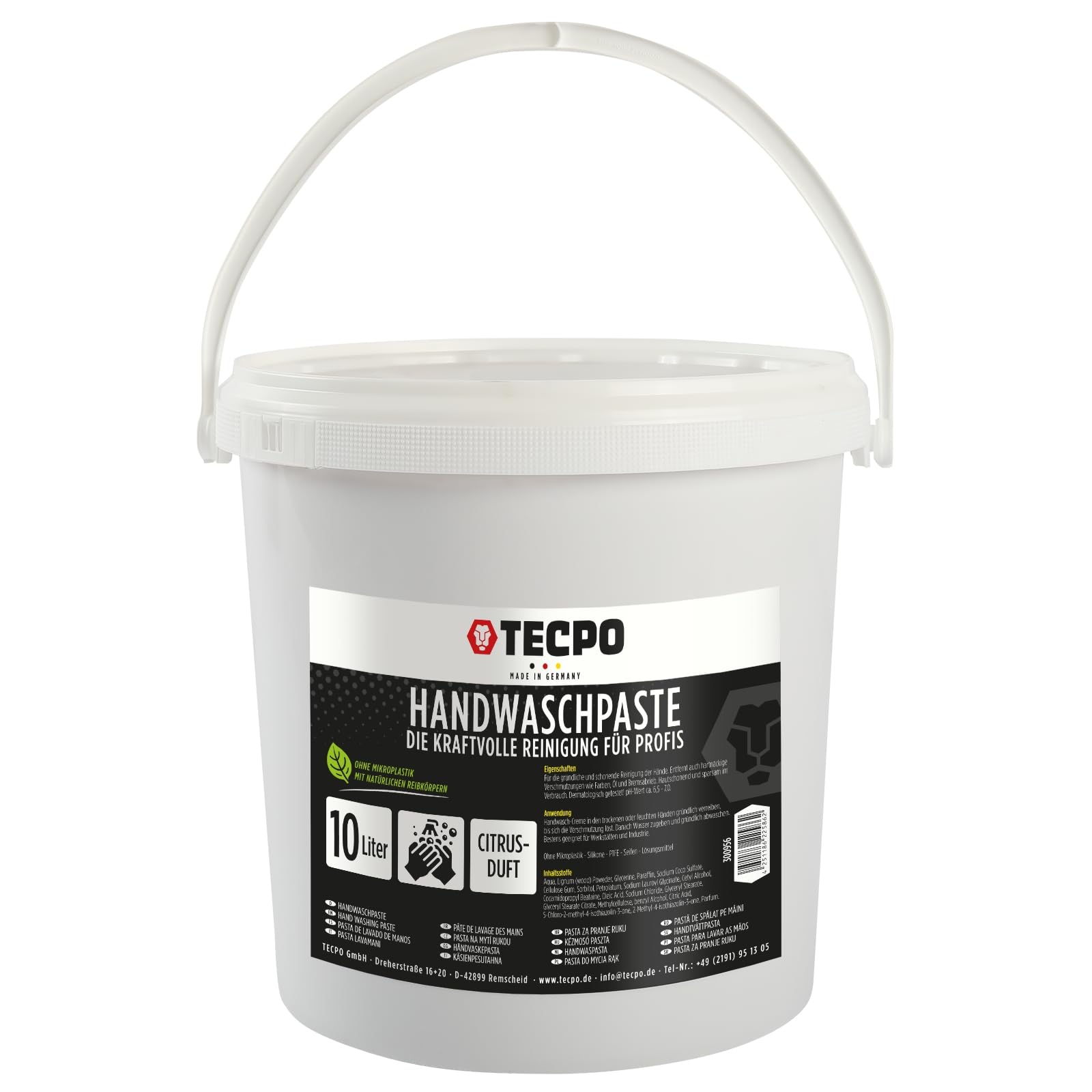 TECPO Pâte nettoyante pour les mains - 10 l - Douce pour la peau - Savon contre les saletés tenaces telles que l'huile, la graisse, la voiture et l'atelier