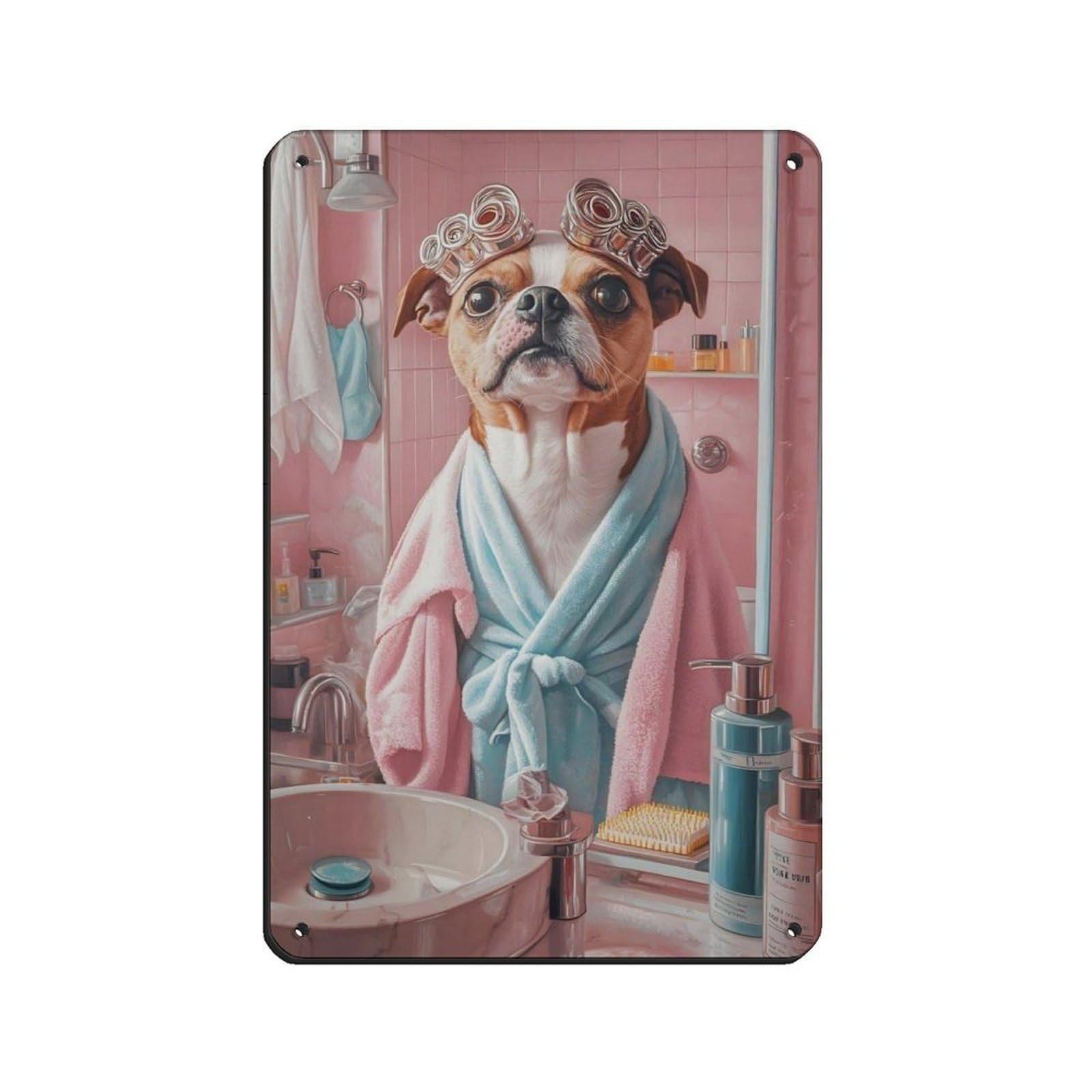 Lxwnze 20L X 30W Cm Cute Dog In Curlers Bathroom Tin Sign Vintage Metal Pub Club Cafe Bar Home Wall Art Decoration Poster Retro 8X12inch(20X30cm)