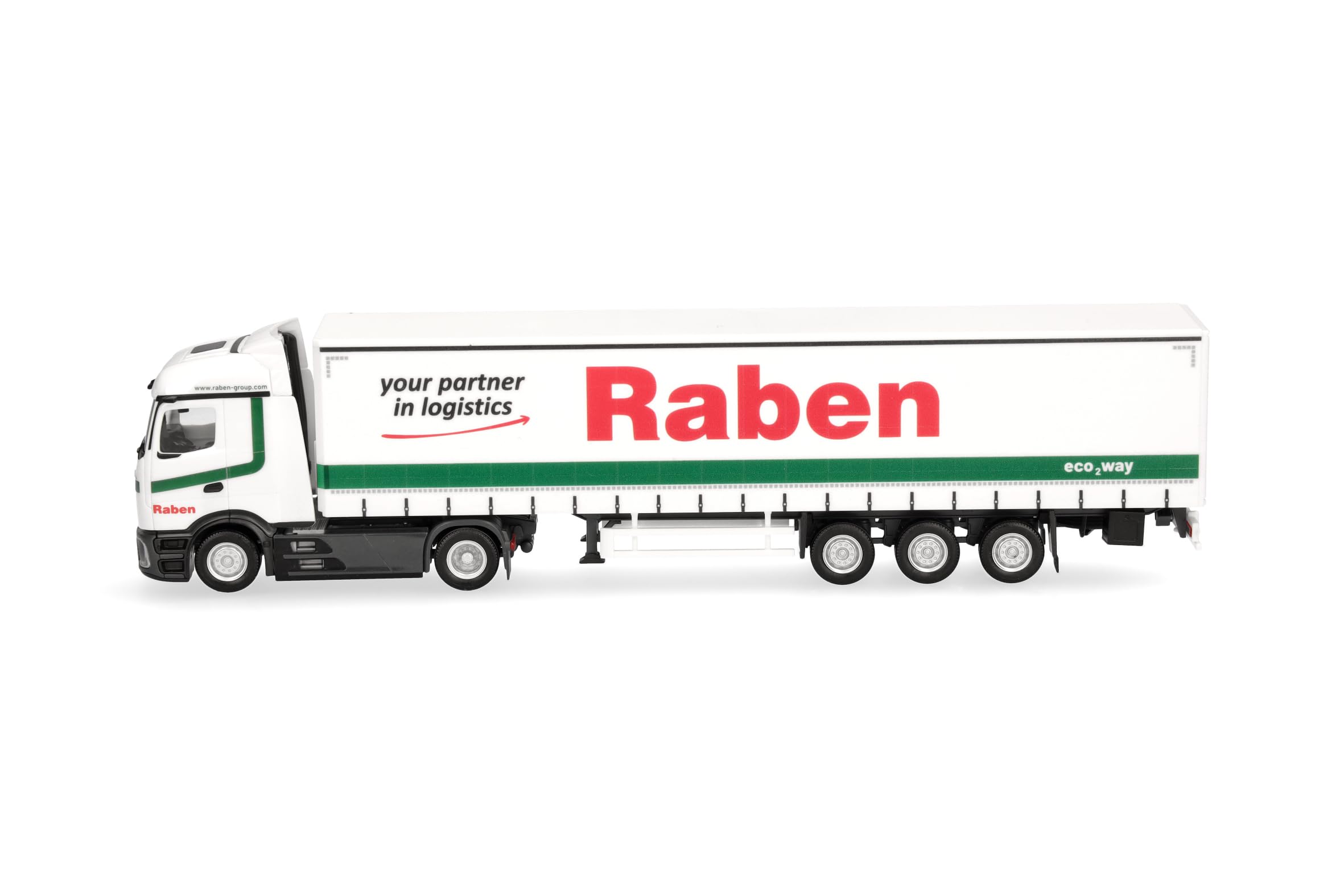 Herpa model ciężarówki Mercedes-Benz Actros L ProCabin Streamspace zestaw z naczepą kurtynową „Raben Logistics”, miniatura w skali 1:87, model kolekcjonerski, Made in Germany, tworzywo sztuczne