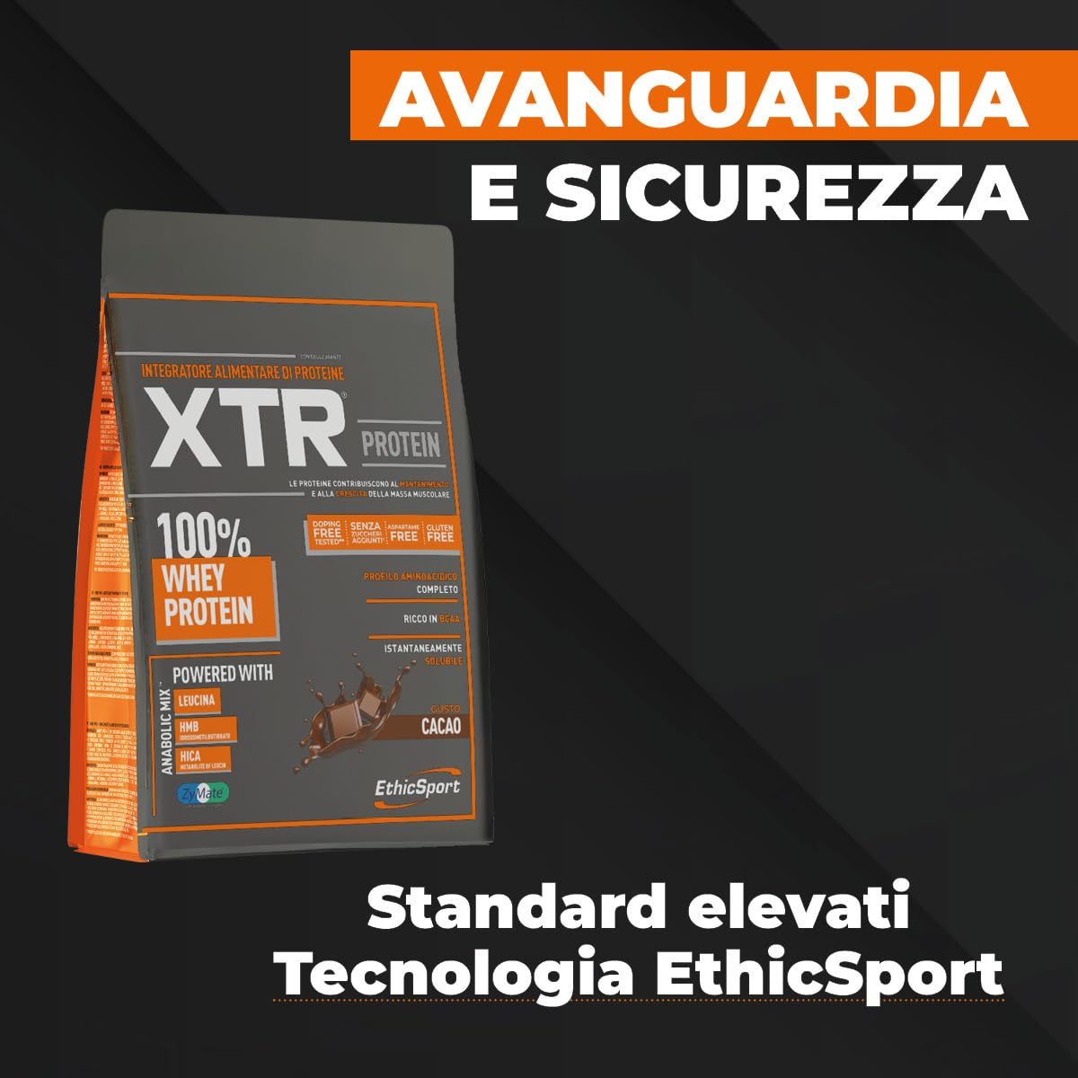 XTR - Proteine Whey EthicSport con AnabolicMix™ e ZyMate – Proteine del siero ad alta digeribilità potenziate con Leucina, HMB, HICA e Vitamina B6 – busta da 900g - Gusto Cacao