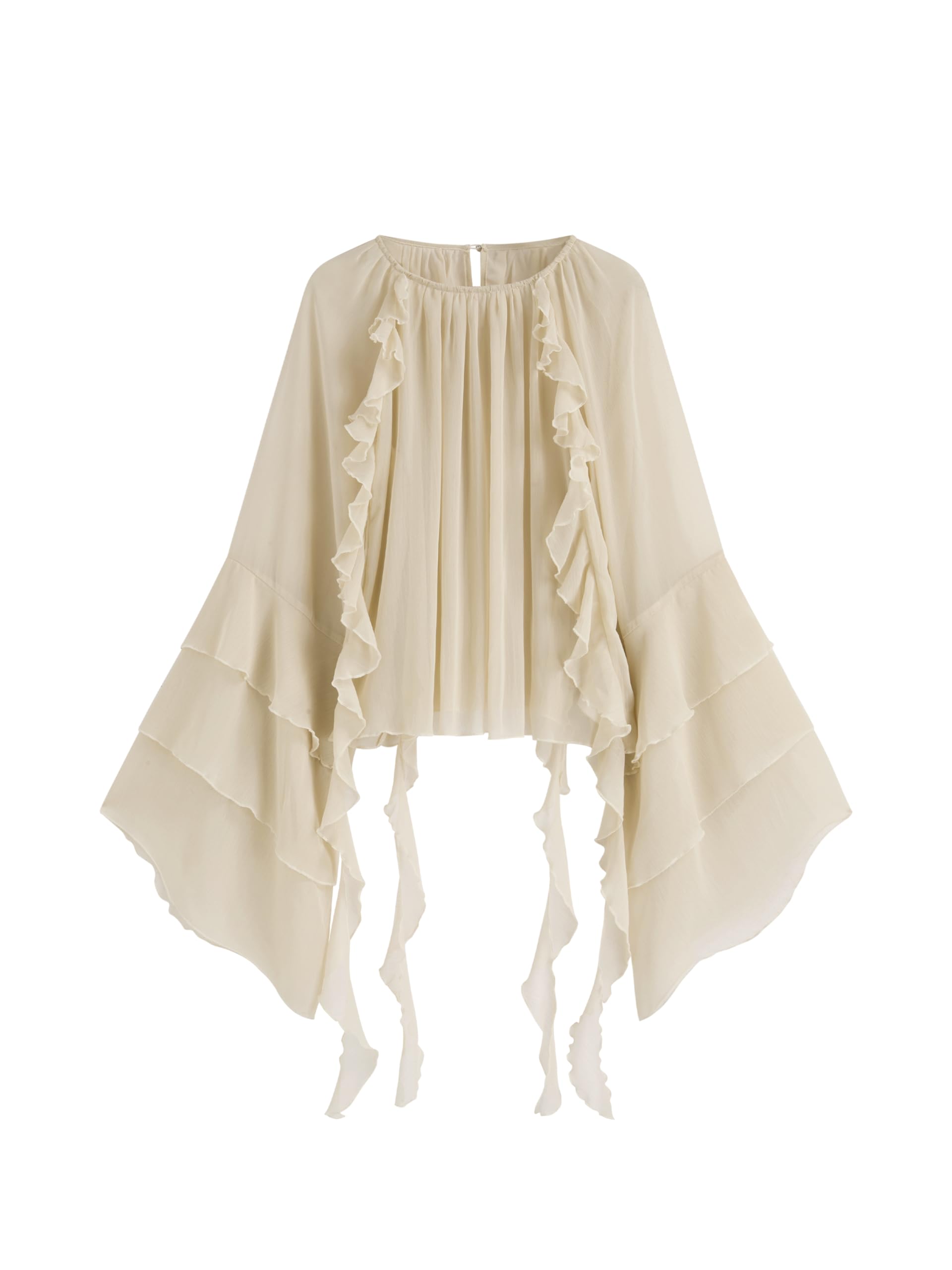 CIDER Damen-Bluse, elegant, lässig, Rundhalsausschnitt, durchsichtig, Rüschensaum, Glockenärmel, lockere Passform, Chiffon-Bluse