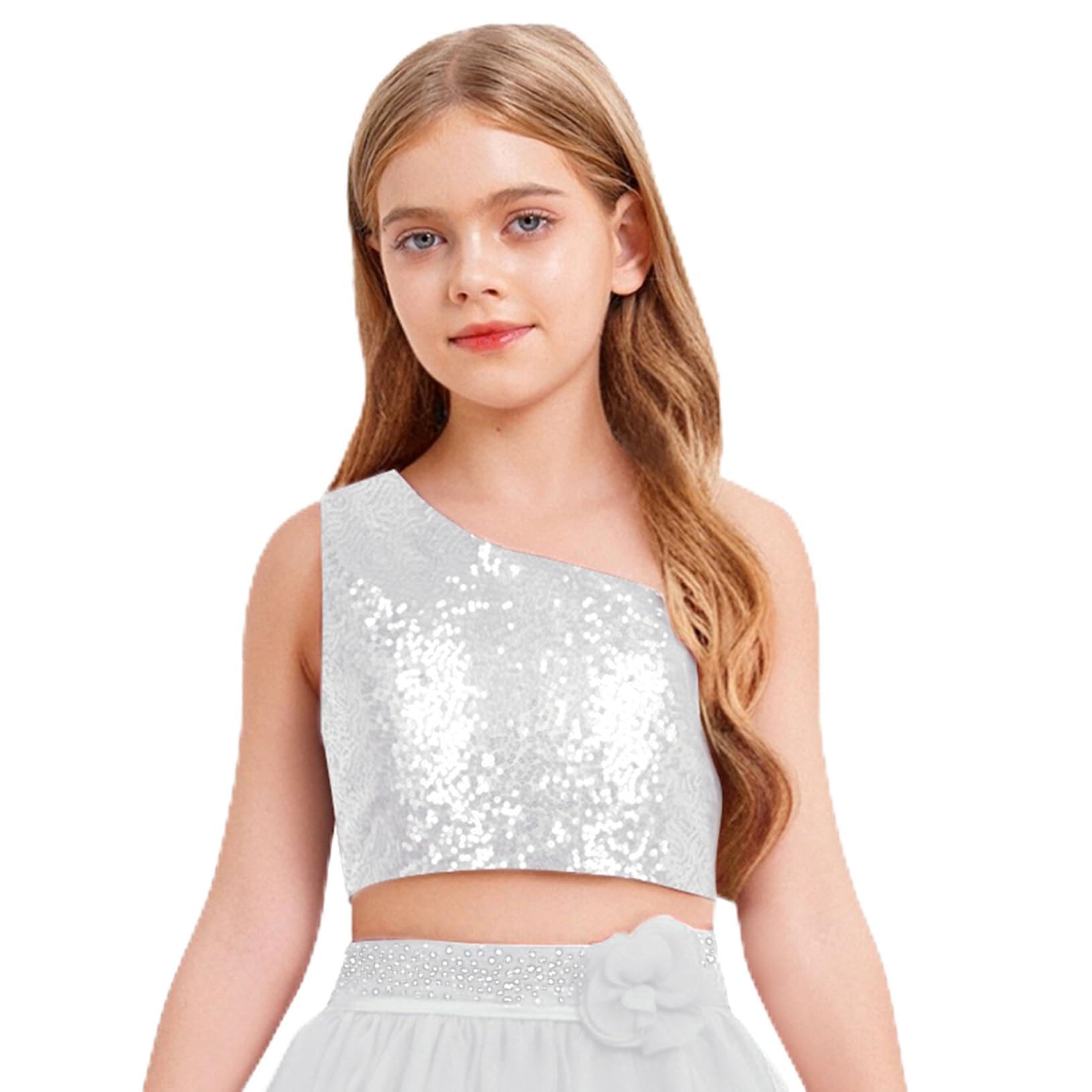 Débardeur à Paillettes Une Épaule Pour Fille - Haut De Danse Latin, Jazz, Spectacle - Crop Top Sportif Pour Yoga & Fitness