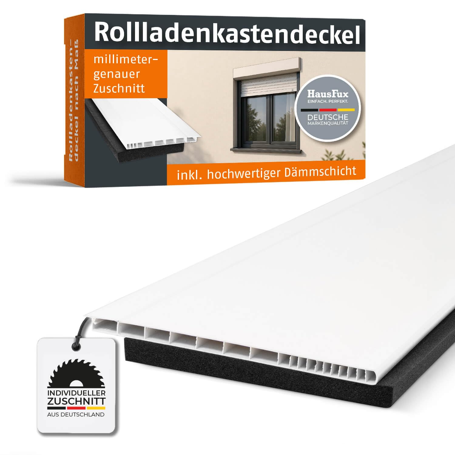 Rollladenkastendeckel/Rollokasten Abdeckung nach Maß - mit Dämmung - Made in Germany - individueller Zuschnitt - bis 3 m Länge (Weiß, (T x L | 19,5 x 120 cm)