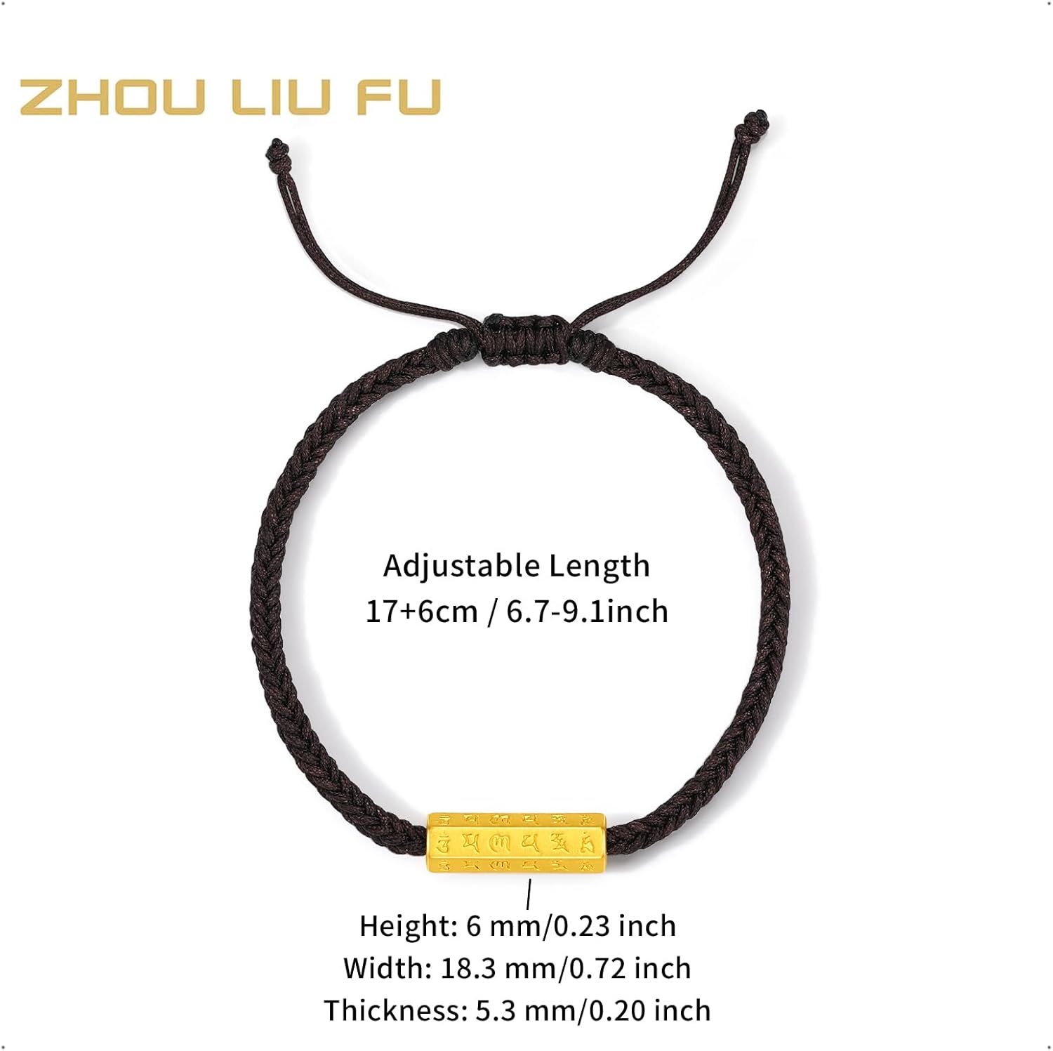 24K Solid Gold Bracelet Pure Gold Black Braided Charm Bracelet Lucky Sanskrit Auspicious Blessing Chain Gifts for Women Men Friend Anniversary Birthday 6.69-9.1"(17+6cm) A1714664