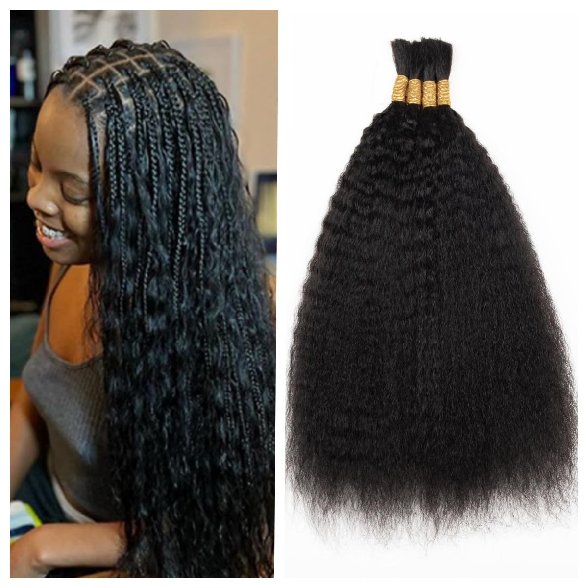 Kinky Straight Human Braiding Hair No Weft 100g (1Pack-4PCS) Yaki Straight Bulk Human Hair For Bohe Braids Micro Braiding Hair For Boho Braids (Kinky