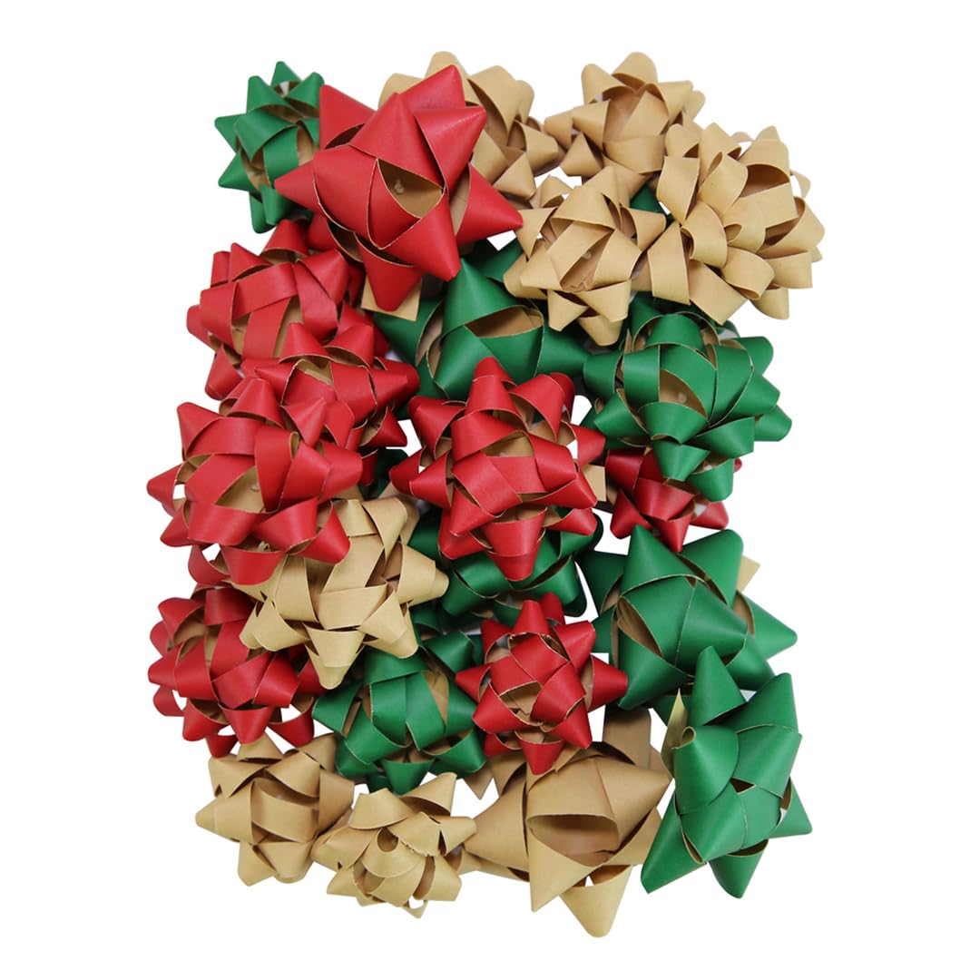 Traditional Red, Green & Kraft Christmas Eco Gift Ribbon Bows - Pack of 16