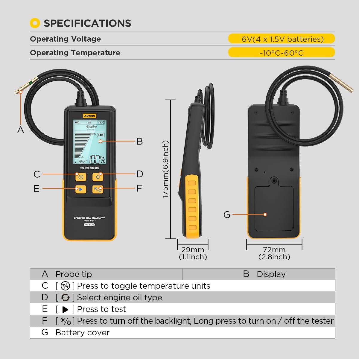 Engine Oil Quality Tester, Digital Transmittance Analyzer with Temperature Display for Gasoline and Diesel Engines, 2.8" HD Backlit Screen, 800mm Flexible Probe